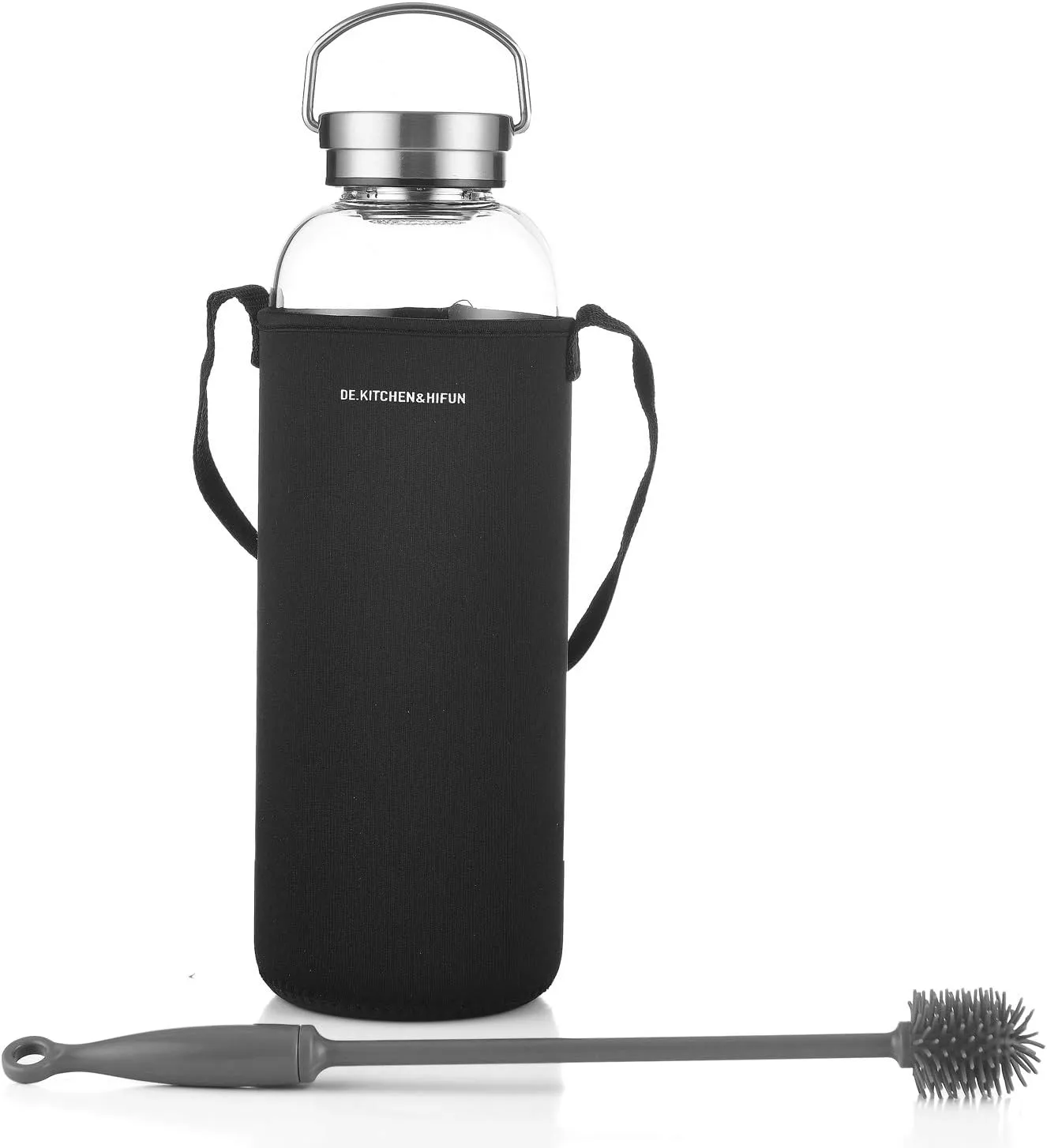 DE.KITCHEN&HIFUN Glasss Water Bottle 64oz, Large Borosilicate Glass 2L for Juice, Glass Water Bottle with Steel Cap Filter