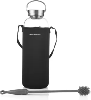 DE.KITCHEN&HIFUN Glasss Water Bottle 64oz, Large Borosilicate Glass 2L for Juice, Glass Water Bottle with Steel Cap Filter