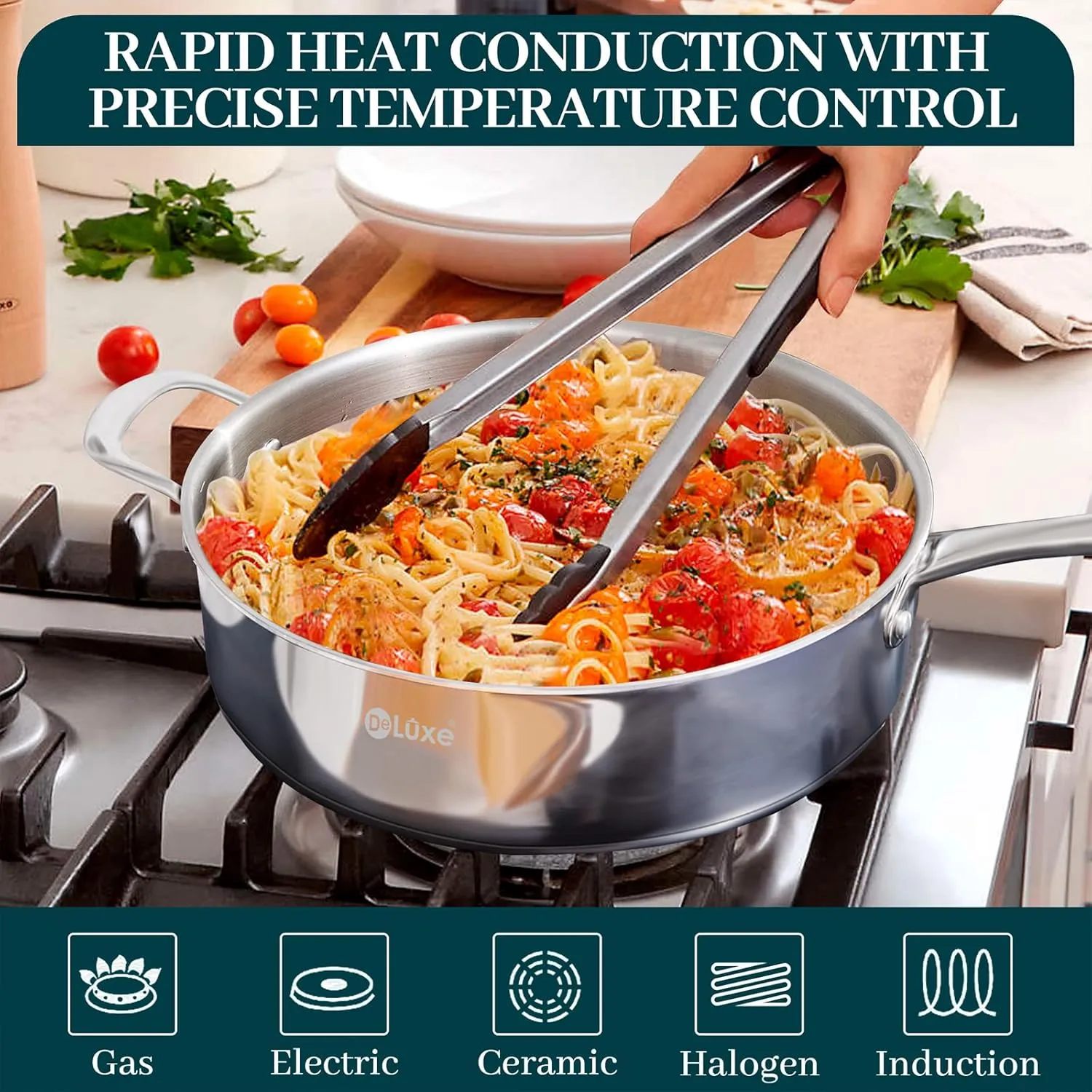 DELUXE 12 Inch Stainless Steel Skillet Frying Pan, Large Pan with Lid and Stay-Cool Handle, 5qt Deep Sauté Pans for Deep-Fry Braise Stew, Multipurpose Cooking Pot for Induction Gas Stove