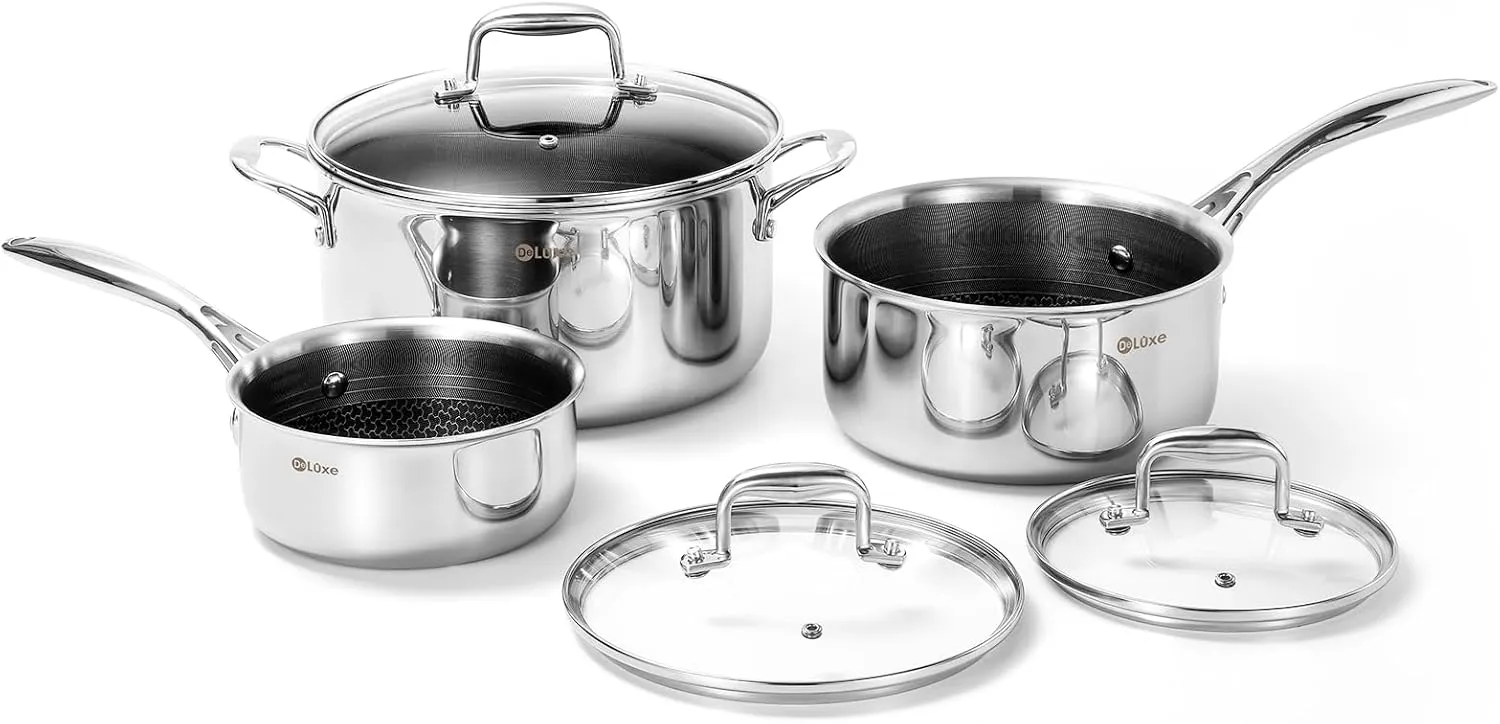 DELUXE Hybrid Ceramic Nonstick 6 PCS Pot Set, 1.3, 3&5.4-Quart Pot with Tempered Glass Lid, Stainless Steel Cookware Pots with Stay-Cool Handle, Dishwasher Safe, PFOA Free Compatible with All Cooktops