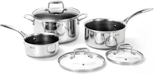 DELUXE Hybrid Ceramic Nonstick 6 PCS Pot Set, 1.3, 3&5.4-Quart Pot with Tempered Glass Lid, Stainless Steel Cookware Pots with Stay-Cool Handle, Dishwasher Safe, PFOA Free Compatible with All Cooktops