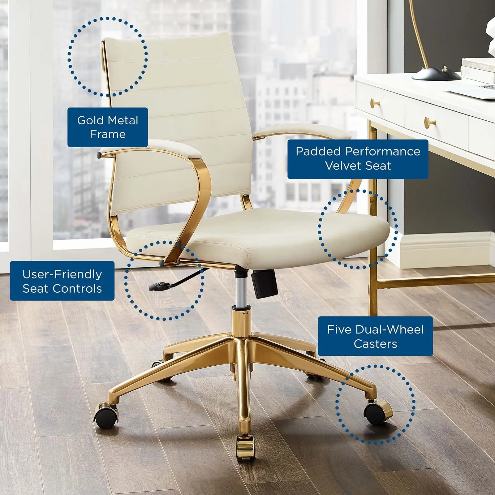 Deluxe Mid Back Velvet Office Chair Gold