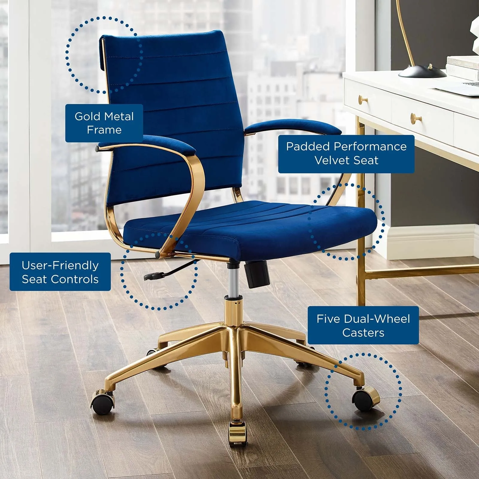 Deluxe Mid Back Velvet Office Chair Gold