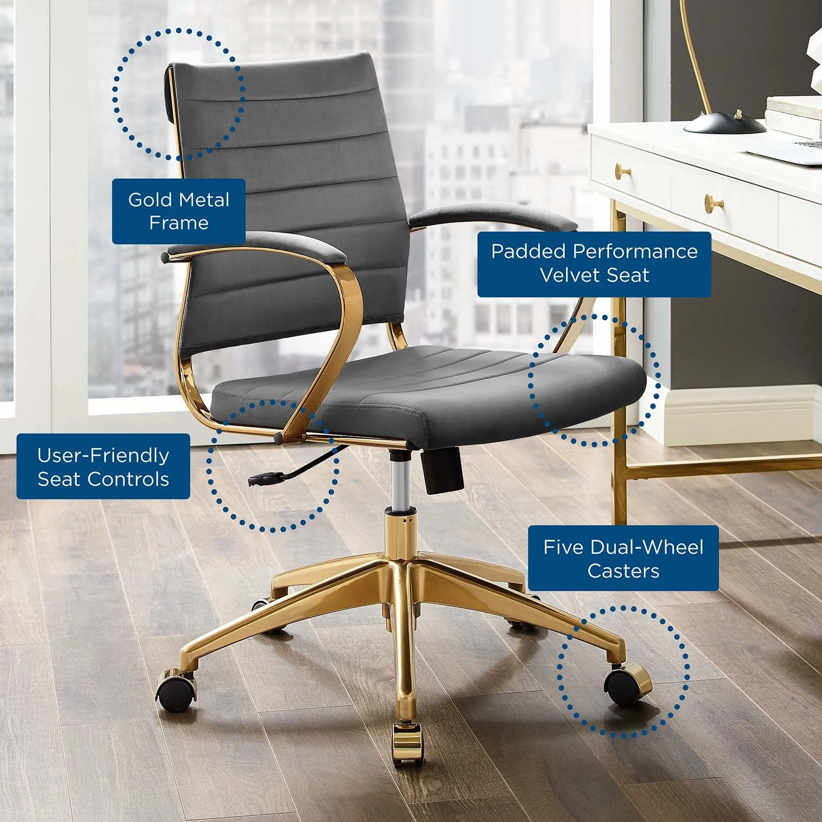 Deluxe Mid Back Velvet Office Chair Gold