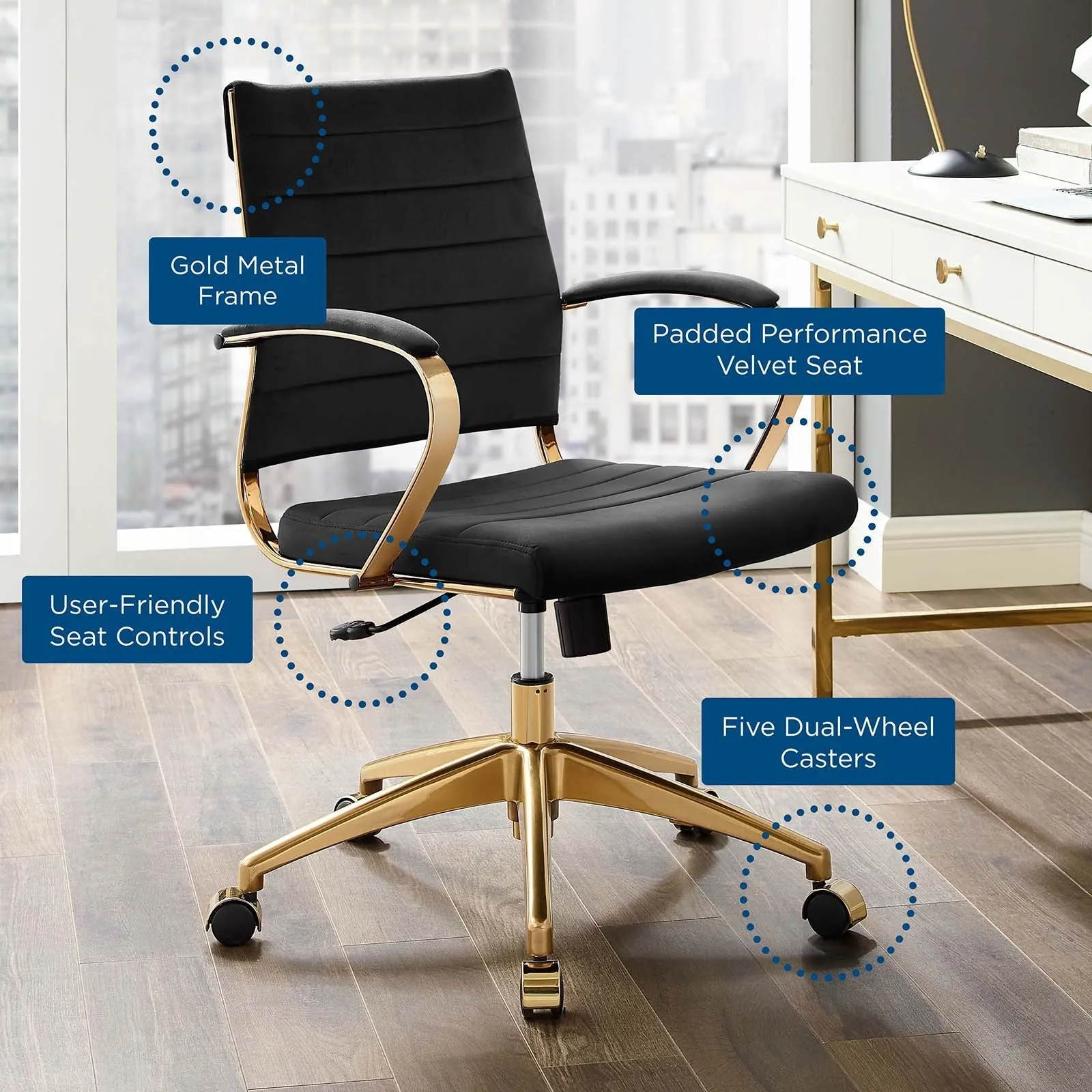Deluxe Mid Back Velvet Office Chair Gold