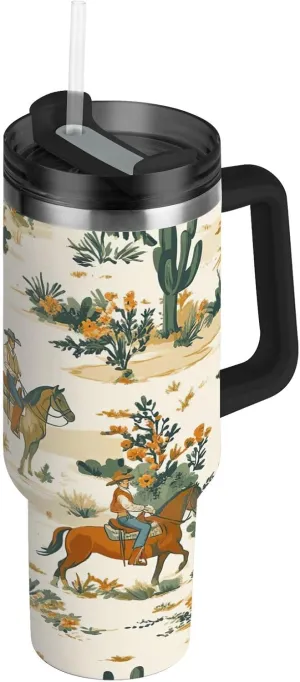 Desert Horseback Riding Insulated Tumbler with Handle and Straw Lid,40oz Leakproof Stainless Steel Cup BPA-Free Water Bottle