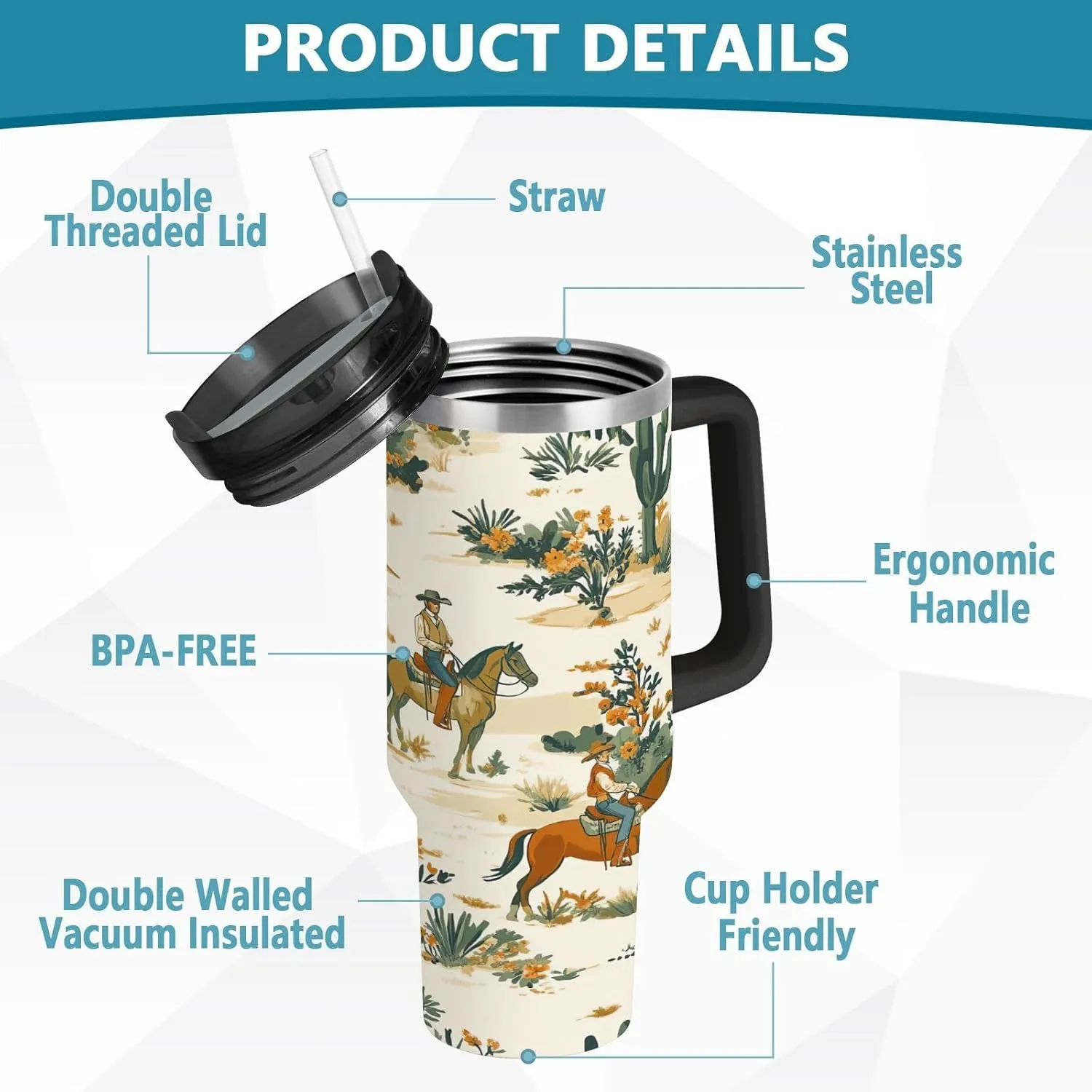 Desert Horseback Riding Insulated Tumbler with Handle and Straw Lid,40oz Leakproof Stainless Steel Cup BPA-Free Water Bottle