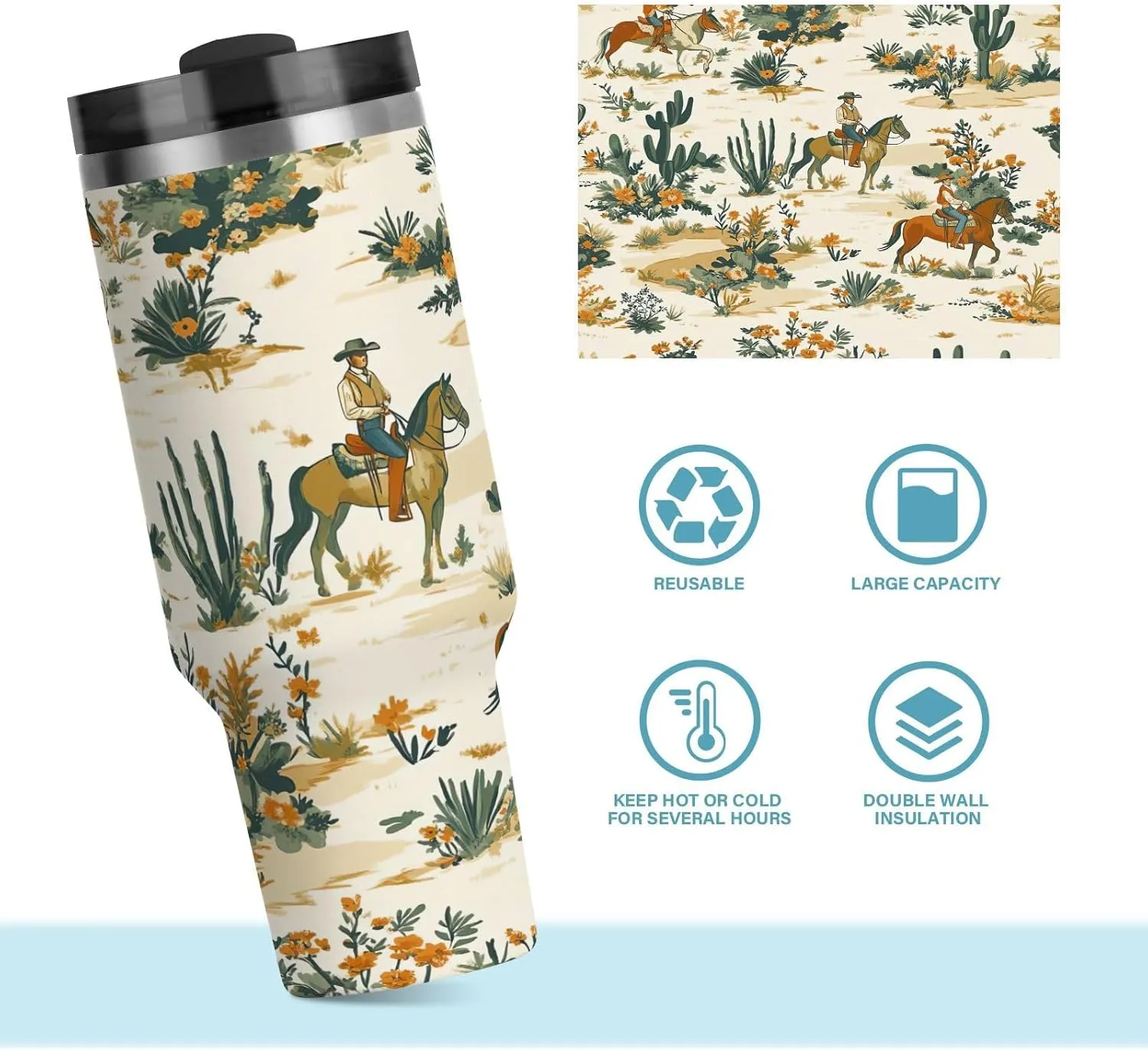 Desert Horseback Riding Insulated Tumbler with Handle and Straw Lid,40oz Leakproof Stainless Steel Cup BPA-Free Water Bottle