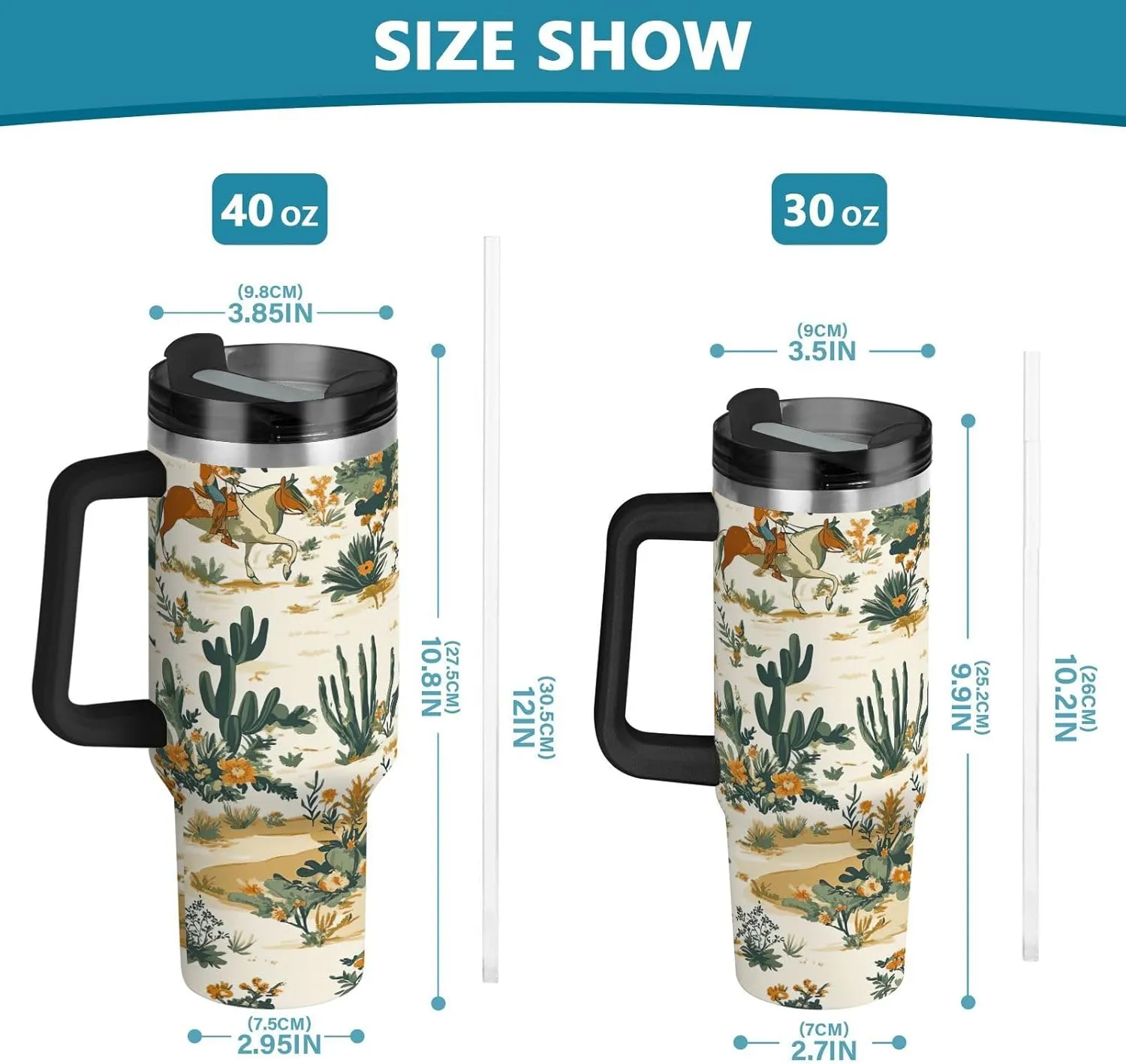 Desert Horseback Riding Insulated Tumbler with Handle and Straw Lid,40oz Leakproof Stainless Steel Cup BPA-Free Water Bottle