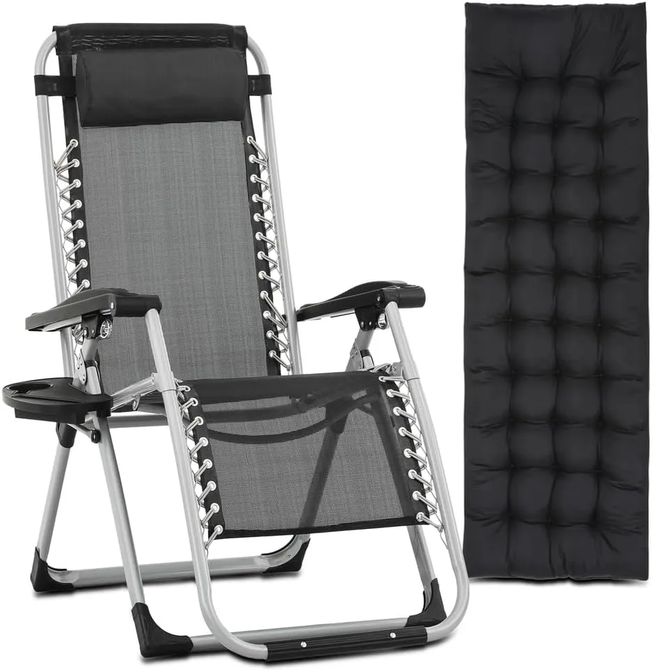 [Detachable Cushion Cup Holder] Zero Gravity Chair Foldable Beach Lounge Recliner (Black)