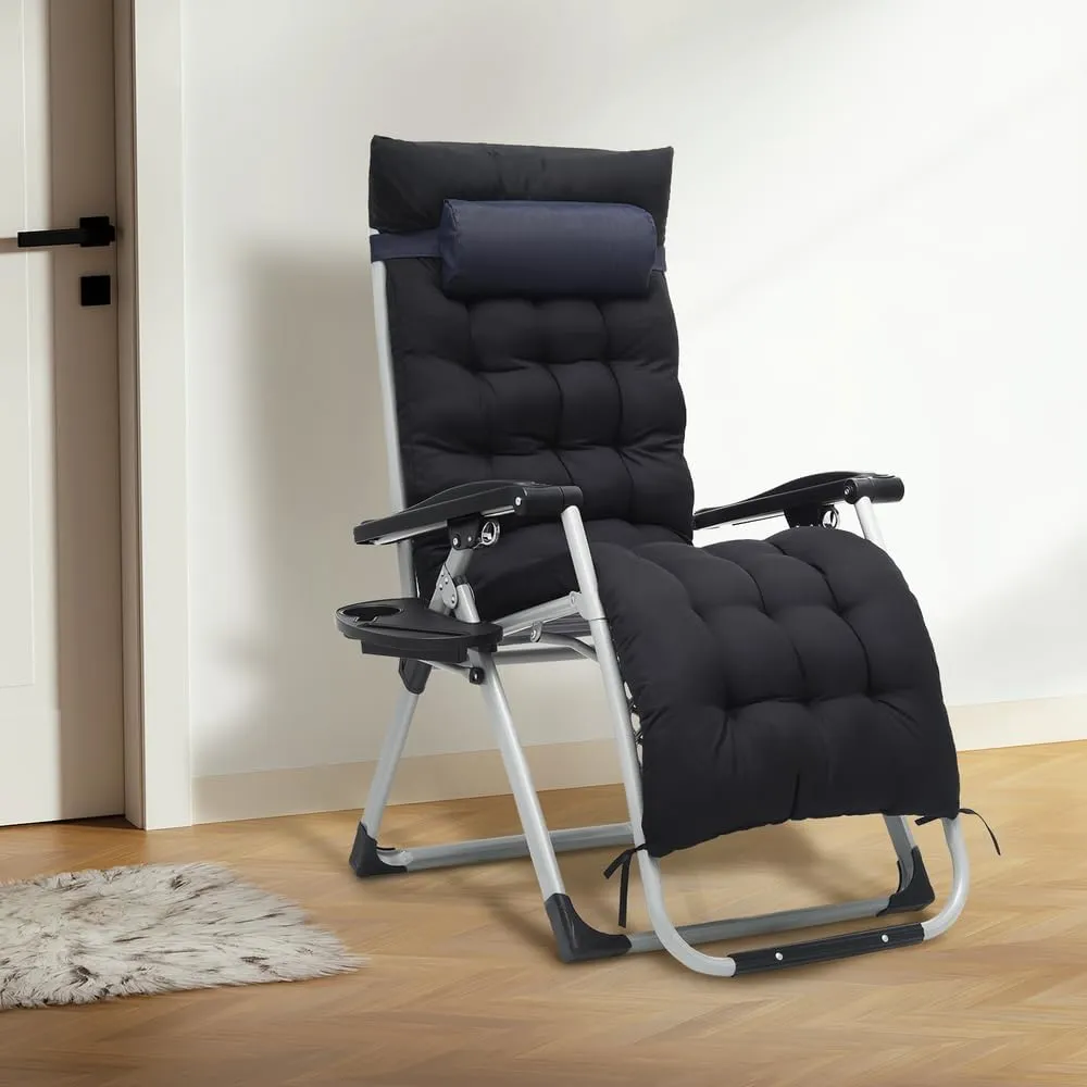 [Detachable Cushion Cup Holder] Zero Gravity Chair Foldable Beach Lounge Recliner (Black)