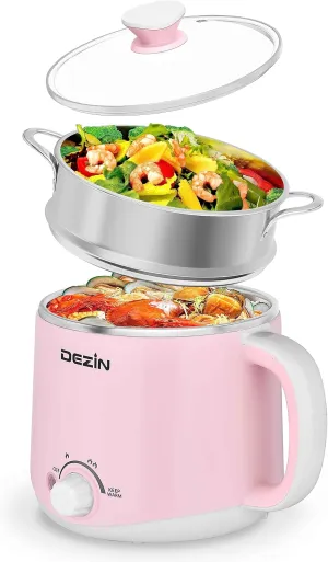 Dezin Electric Pot with Steamer, Stainless Steel Electric Cooker 1.6 Liter, Hot Pot Electric for Ramen, Egg, Dumpling, Soup, Oatmeal with Temperature Control and Keep Warm Function
