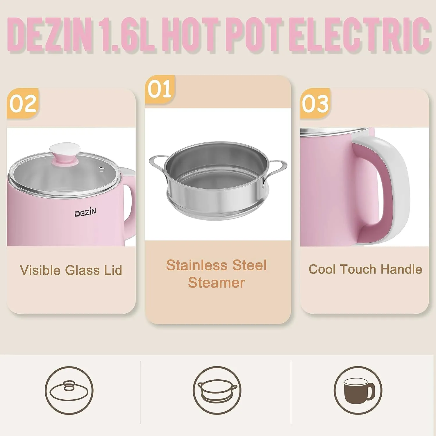 Dezin Electric Pot with Steamer, Stainless Steel Electric Cooker 1.6 Liter, Hot Pot Electric for Ramen, Egg, Dumpling, Soup, Oatmeal with Temperature Control and Keep Warm Function
