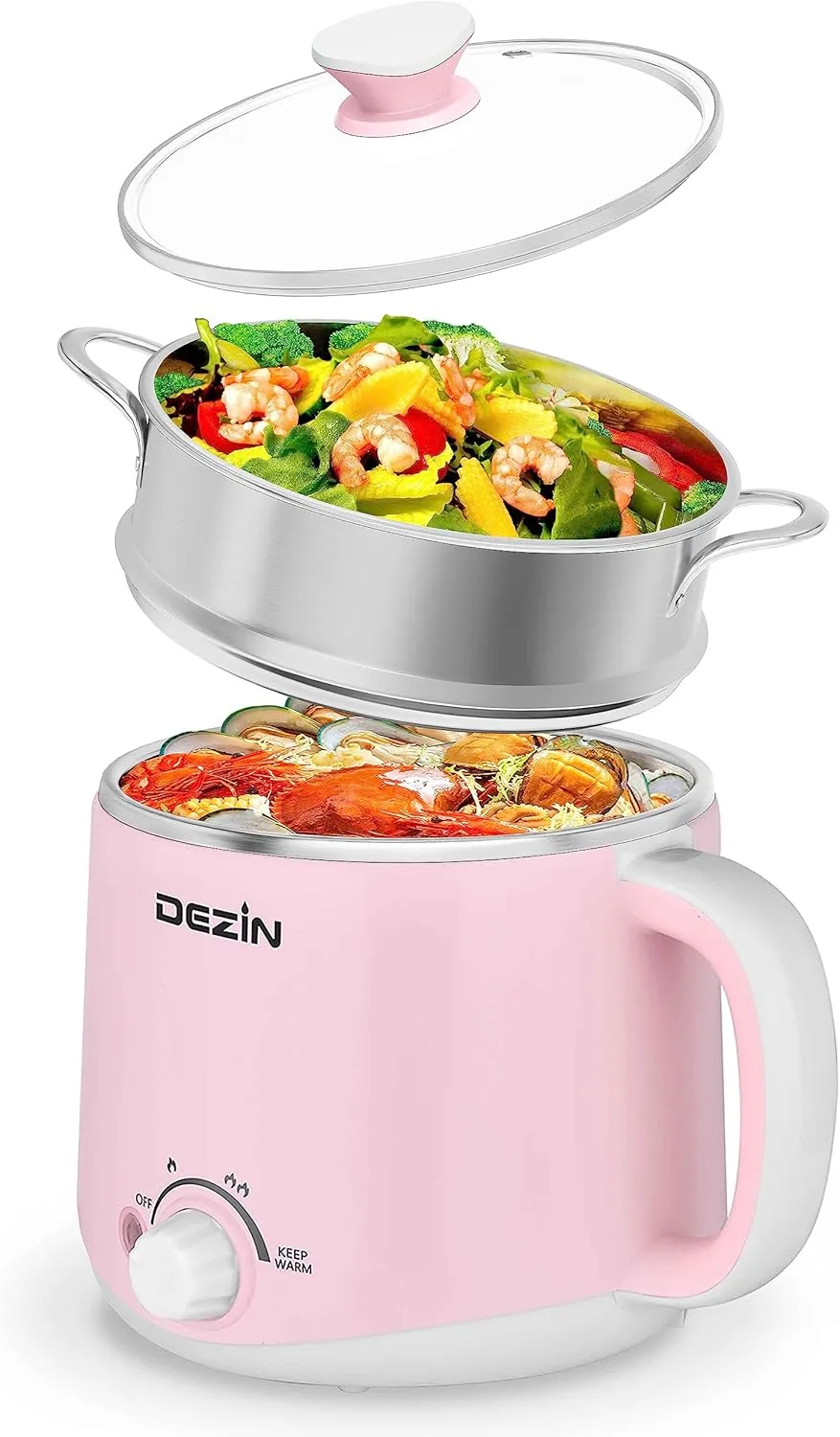 Dezin Electric Pot with Steamer, Stainless Steel Electric Cooker 1.6 Liter, Hot Pot Electric for Ramen, Egg, Dumpling, Soup, Oatmeal with Temperature Control and Keep Warm Function
