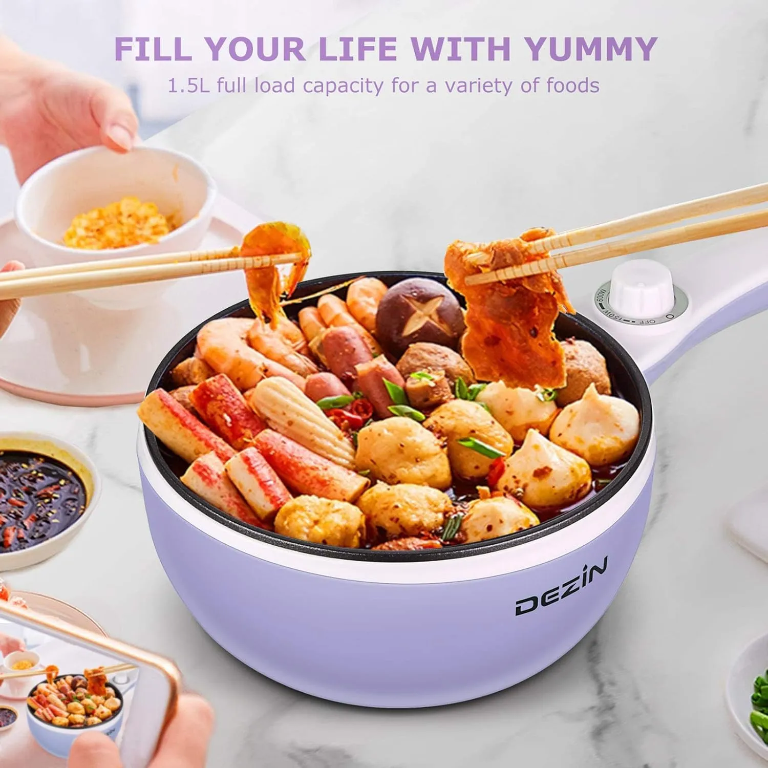 Dezin Hot Pot Electric Upgraded, Non-Stick Sauté Pan, Rapid Noodles Electric Pot, 1.5L Mini Portable Hot Pot for Steak, Egg, Fried Rice, Ramen, Oatmeal, Soup with Power Adjustment