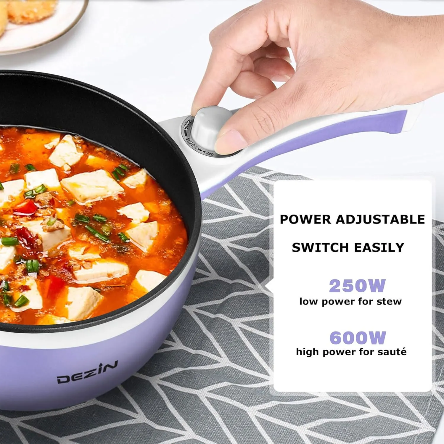Dezin Hot Pot Electric Upgraded, Non-Stick Sauté Pan, Rapid Noodles Electric Pot, 1.5L Mini Portable Hot Pot for Steak, Egg, Fried Rice, Ramen, Oatmeal, Soup with Power Adjustment