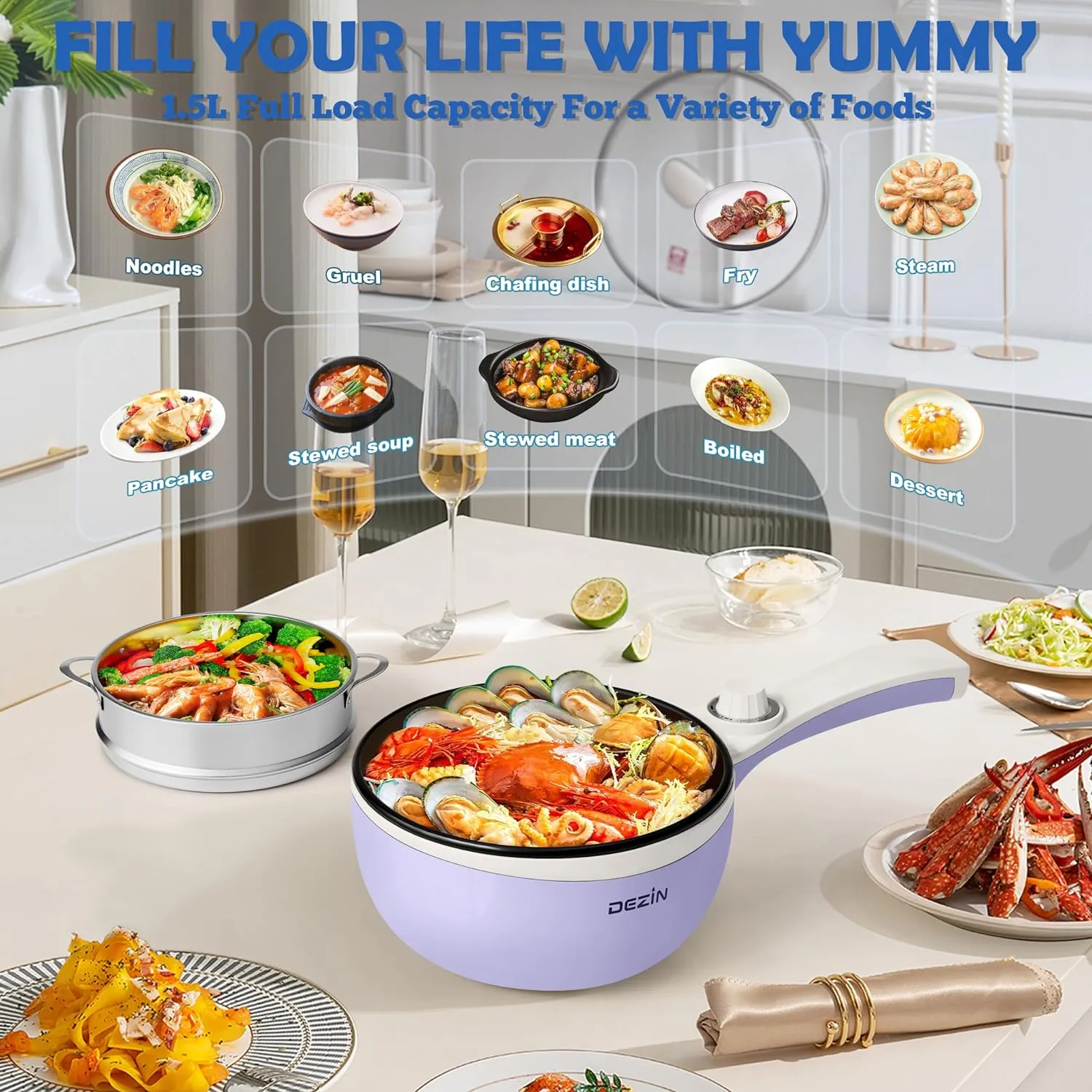 Dezin Hot Pot Electric Upgraded, Non-Stick Sauté Pan, Rapid Noodles Electric Pot, 1.5L Mini Portable Hot Pot for Steak, Egg, Fried Rice, Ramen, Oatmeal, Soup with Power Adjustment