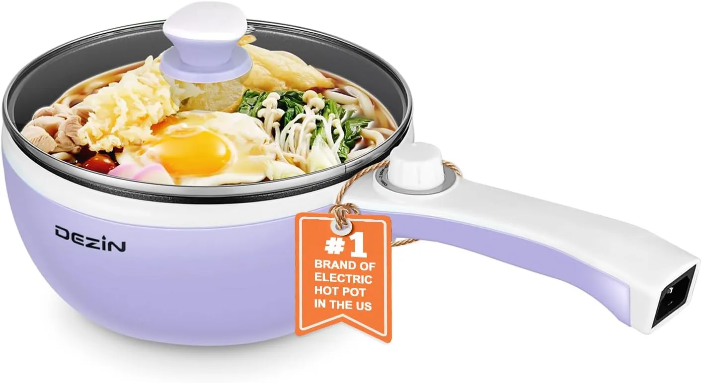 Dezin Hot Pot Electric Upgraded, Non-Stick Sauté Pan, Rapid Noodles Electric Pot, 1.5L Mini Portable Hot Pot for Steak, Egg, Fried Rice, Ramen, Oatmeal, Soup with Power Adjustment