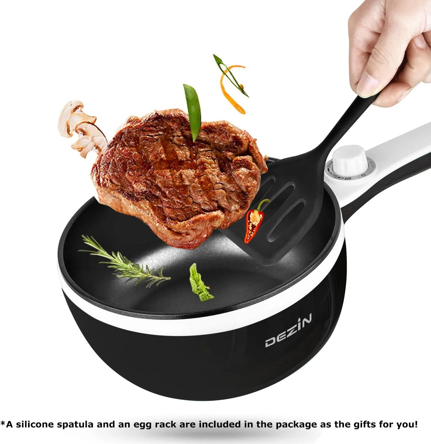 Dezin Hot Pot Electric with Steamer Upgraded, Non-Stick Sauté Pan, Rapid Noodles Electric Pot, 1.5L Mini Pot for Steak, Egg, Fried Rice, Ramen, Oatmeal, Soup with Power Adjustment