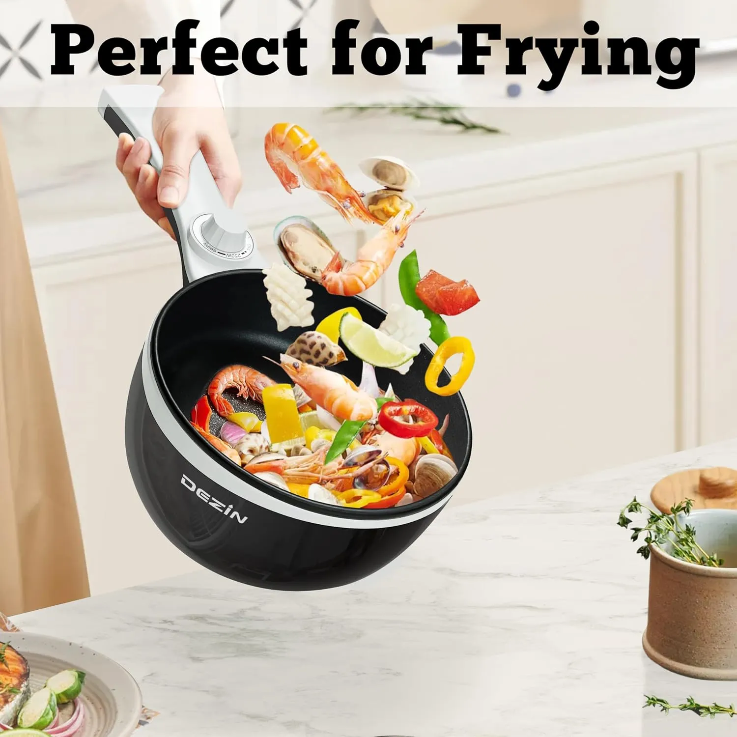 Dezin Hot Pot Electric with Steamer Upgraded, Non-Stick Sauté Pan, Rapid Noodles Electric Pot, 1.5L Mini Pot for Steak, Egg, Fried Rice, Ramen, Oatmeal, Soup with Power Adjustment