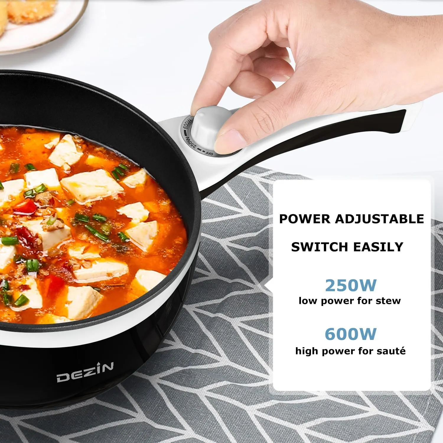 Dezin Hot Pot Electric with Steamer Upgraded, Non-Stick Sauté Pan, Rapid Noodles Electric Pot, 1.5L Mini Pot for Steak, Egg, Fried Rice, Ramen, Oatmeal, Soup with Power Adjustment