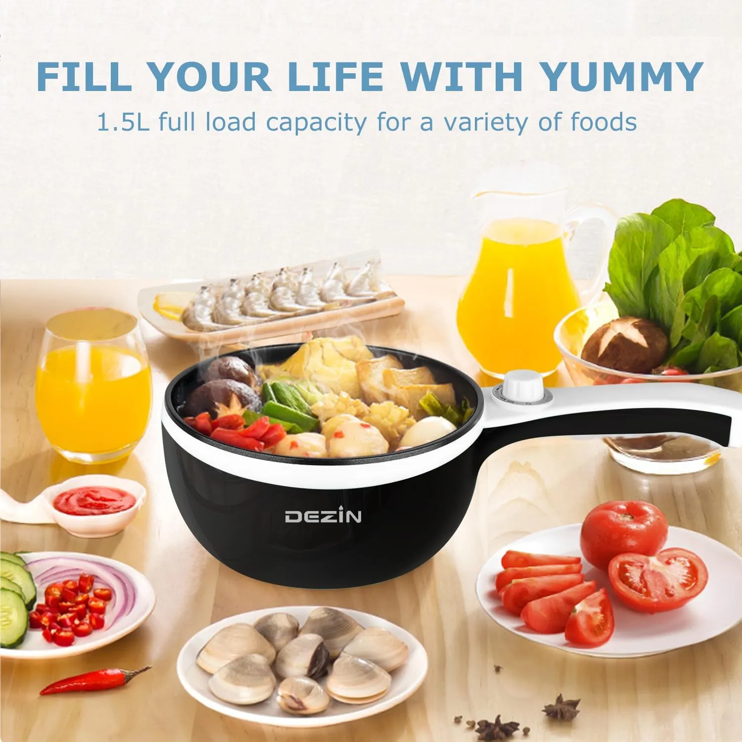 Dezin Hot Pot Electric with Steamer Upgraded, Non-Stick Sauté Pan, Rapid Noodles Electric Pot, 1.5L Mini Pot for Steak, Egg, Fried Rice, Ramen, Oatmeal, Soup with Power Adjustment