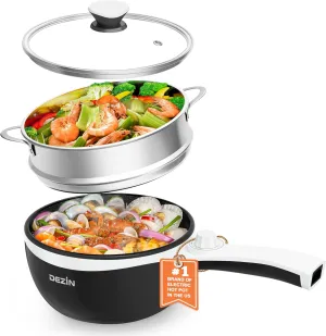 Dezin Hot Pot Electric with Steamer Upgraded, Non-Stick Sauté Pan, Rapid Noodles Electric Pot, 1.5L Mini Pot for Steak, Egg, Fried Rice, Ramen, Oatmeal, Soup with Power Adjustment