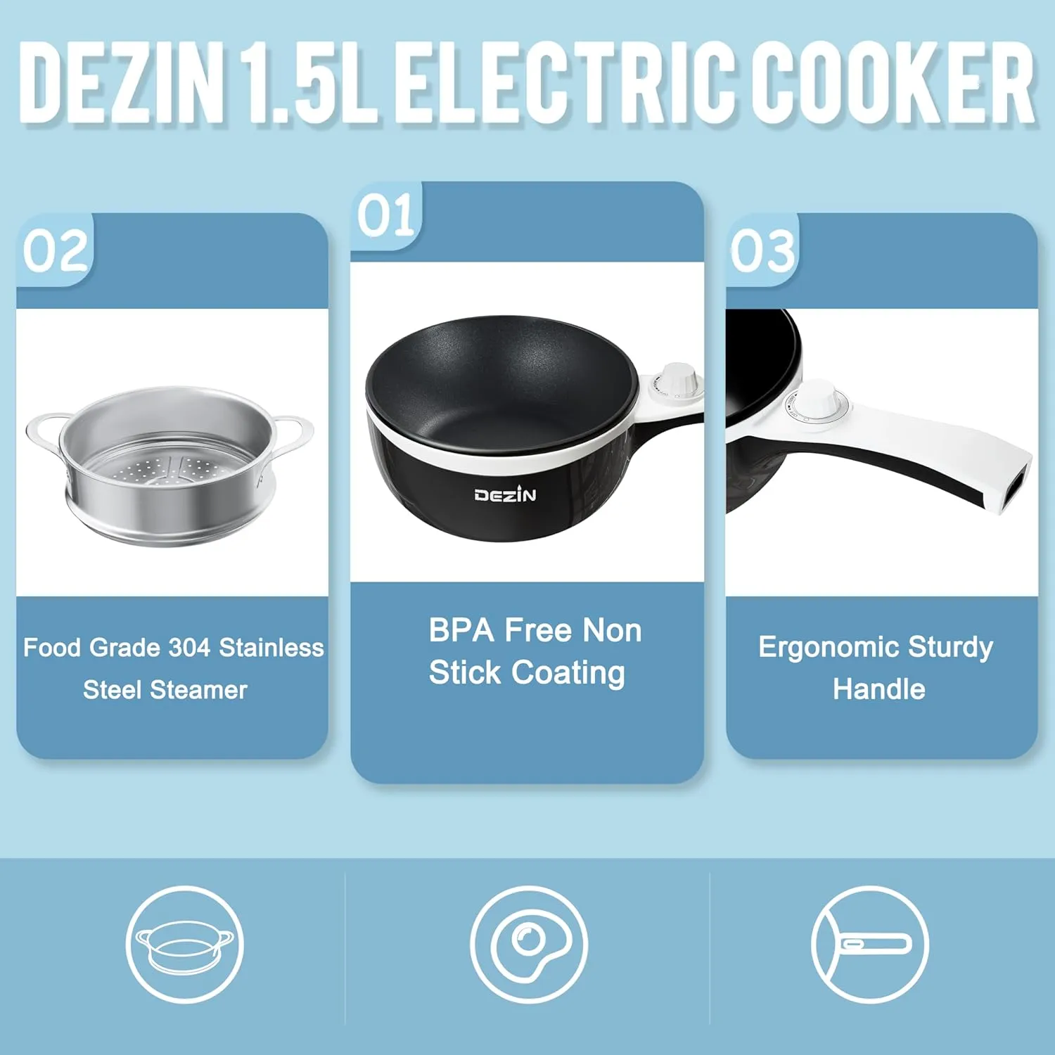 Dezin Hot Pot Electric with Steamer Upgraded, Non-Stick Sauté Pan, Rapid Noodles Electric Pot, 1.5L Mini Pot for Steak, Egg, Fried Rice, Ramen, Oatmeal, Soup with Power Adjustment