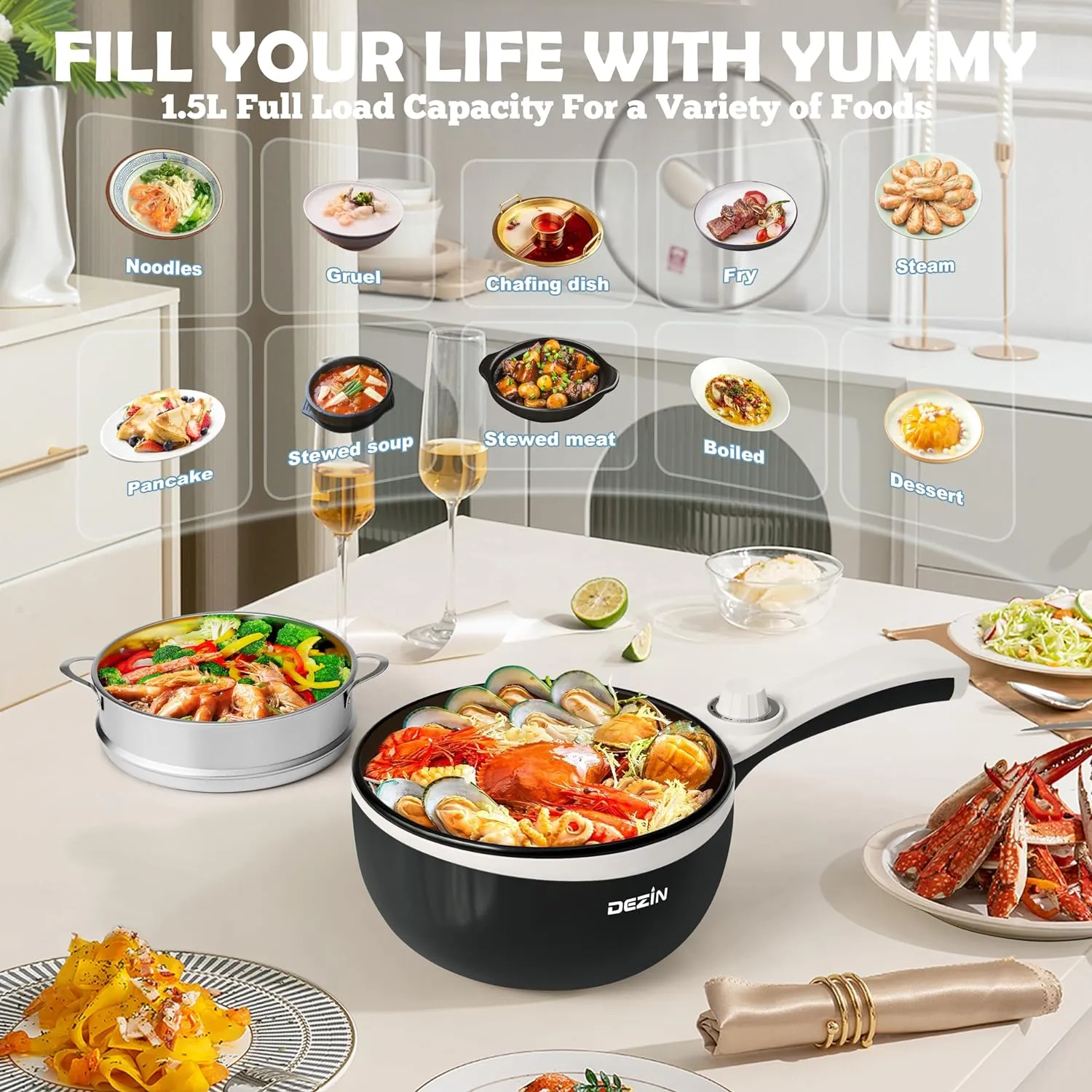 Dezin Hot Pot Electric with Steamer Upgraded, Non-Stick Sauté Pan, Rapid Noodles Electric Pot, 1.5L Mini Pot for Steak, Egg, Fried Rice, Ramen, Oatmeal, Soup with Power Adjustment