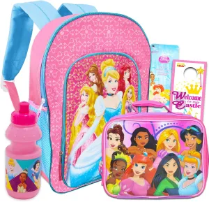 Disney Princess Backpack and Lunch Box Set for Girls - Bundle with Princess School Bag, Lunch Bag, Stickers, and Water Bottle for Kids (Princess School Supplies)