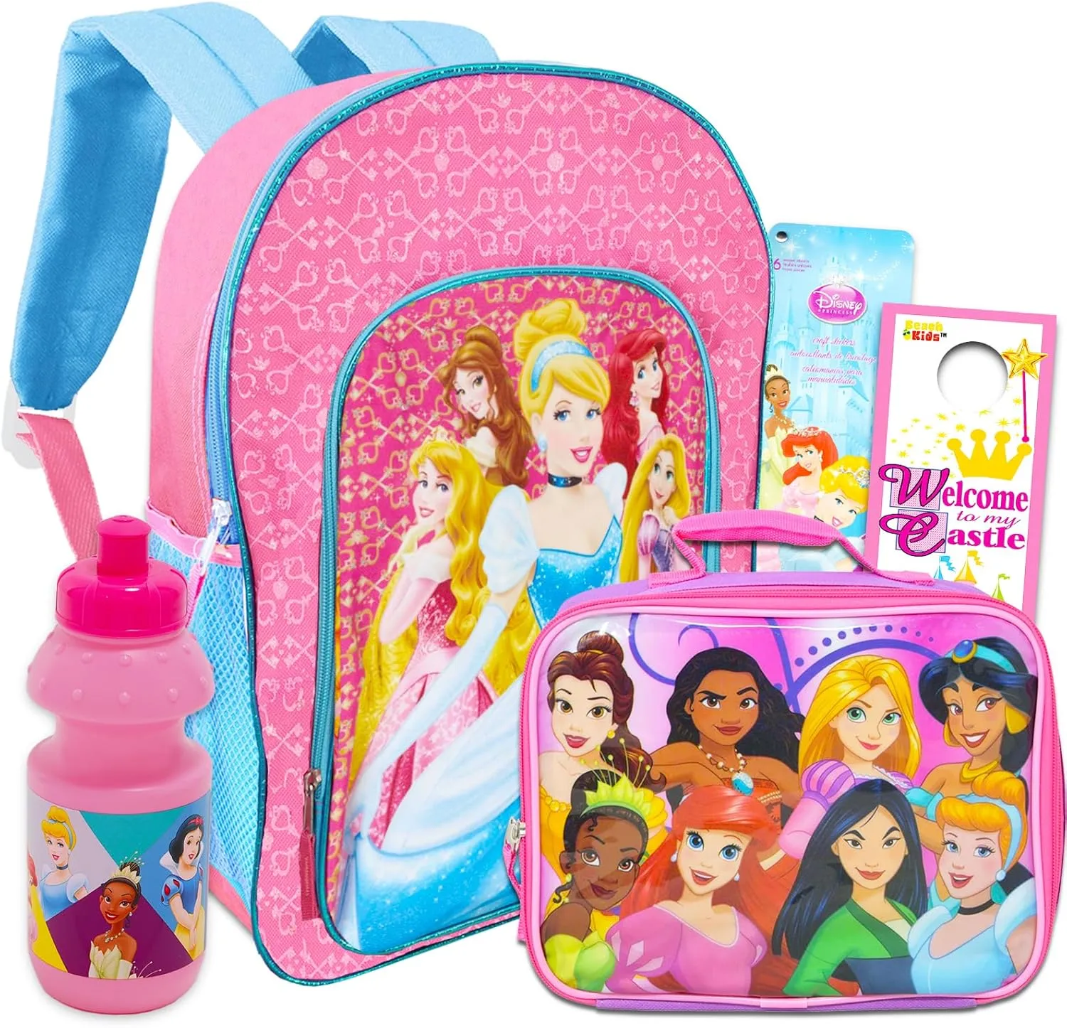 Disney Princess Backpack and Lunch Box Set for Girls - Bundle with Princess School Bag, Lunch Bag, Stickers, and Water Bottle for Kids (Princess School Supplies)
