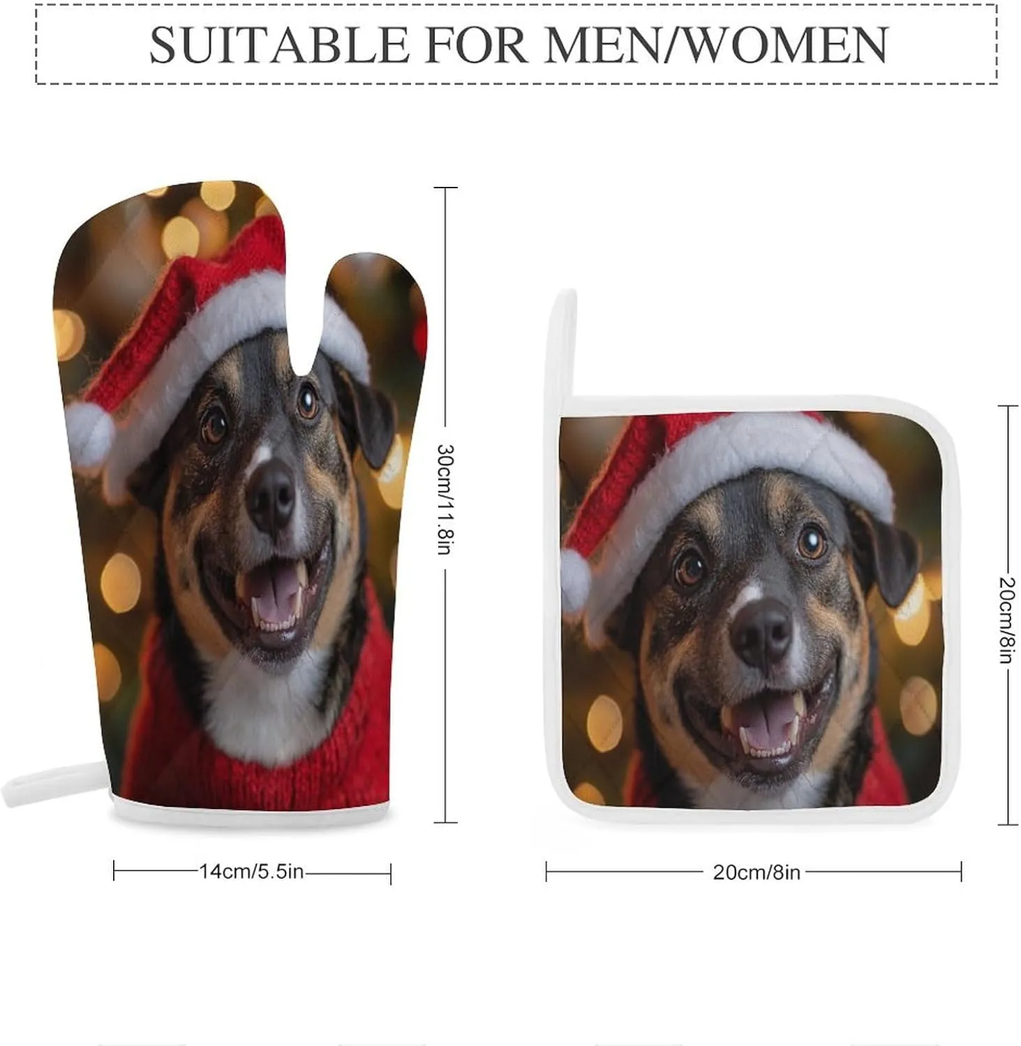 Dog Themed Oven Glove&Potholders Happy Holidays Billy Dog Oven Mitts and Pot Holders Resistant Hot Pads with Polyester Non-Slip BBQ Gloves for Kitchen Cooking Baking Grilling