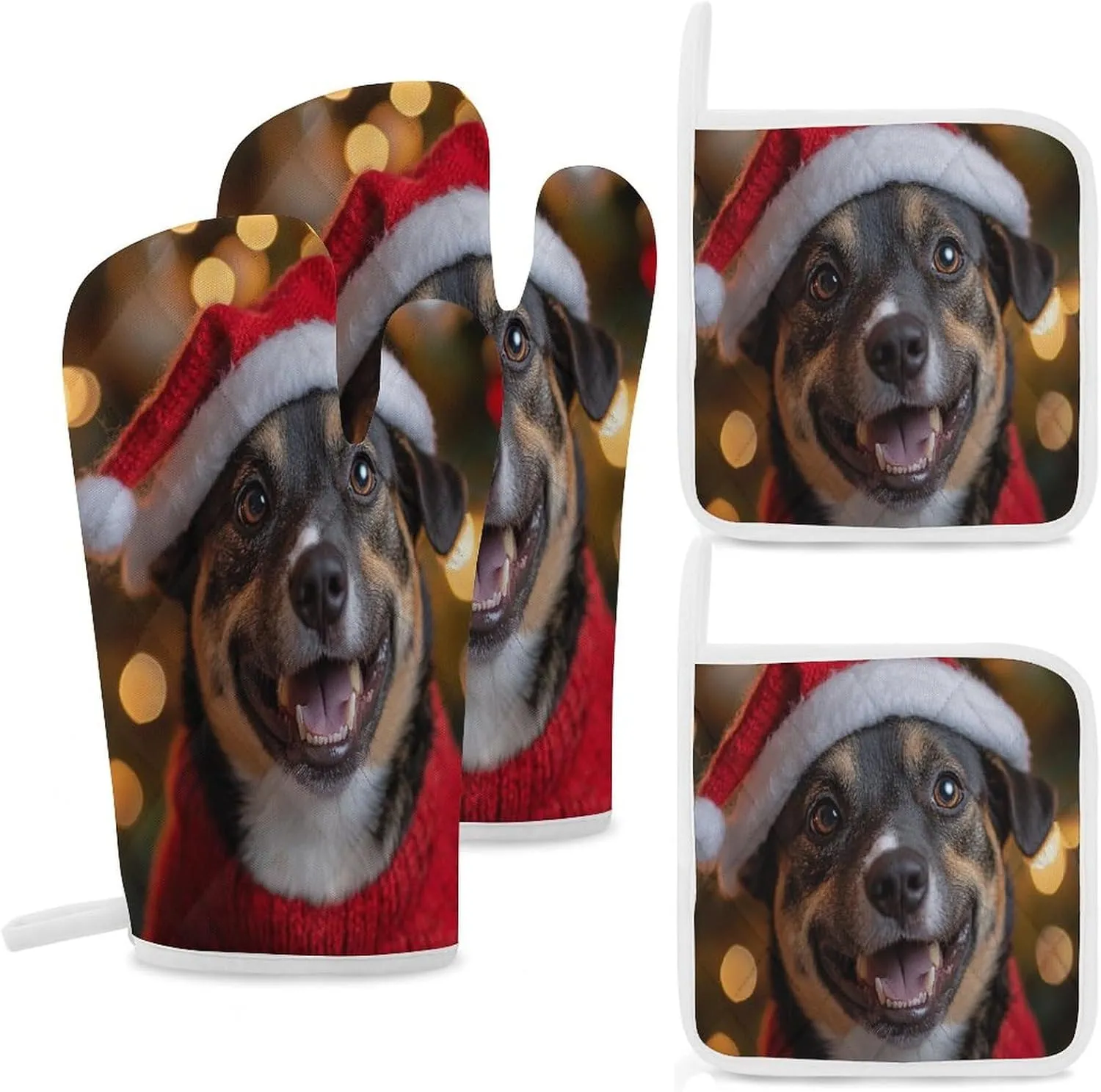 Dog Themed Oven Glove&Potholders Happy Holidays Billy Dog Oven Mitts and Pot Holders Resistant Hot Pads with Polyester Non-Slip BBQ Gloves for Kitchen Cooking Baking Grilling
