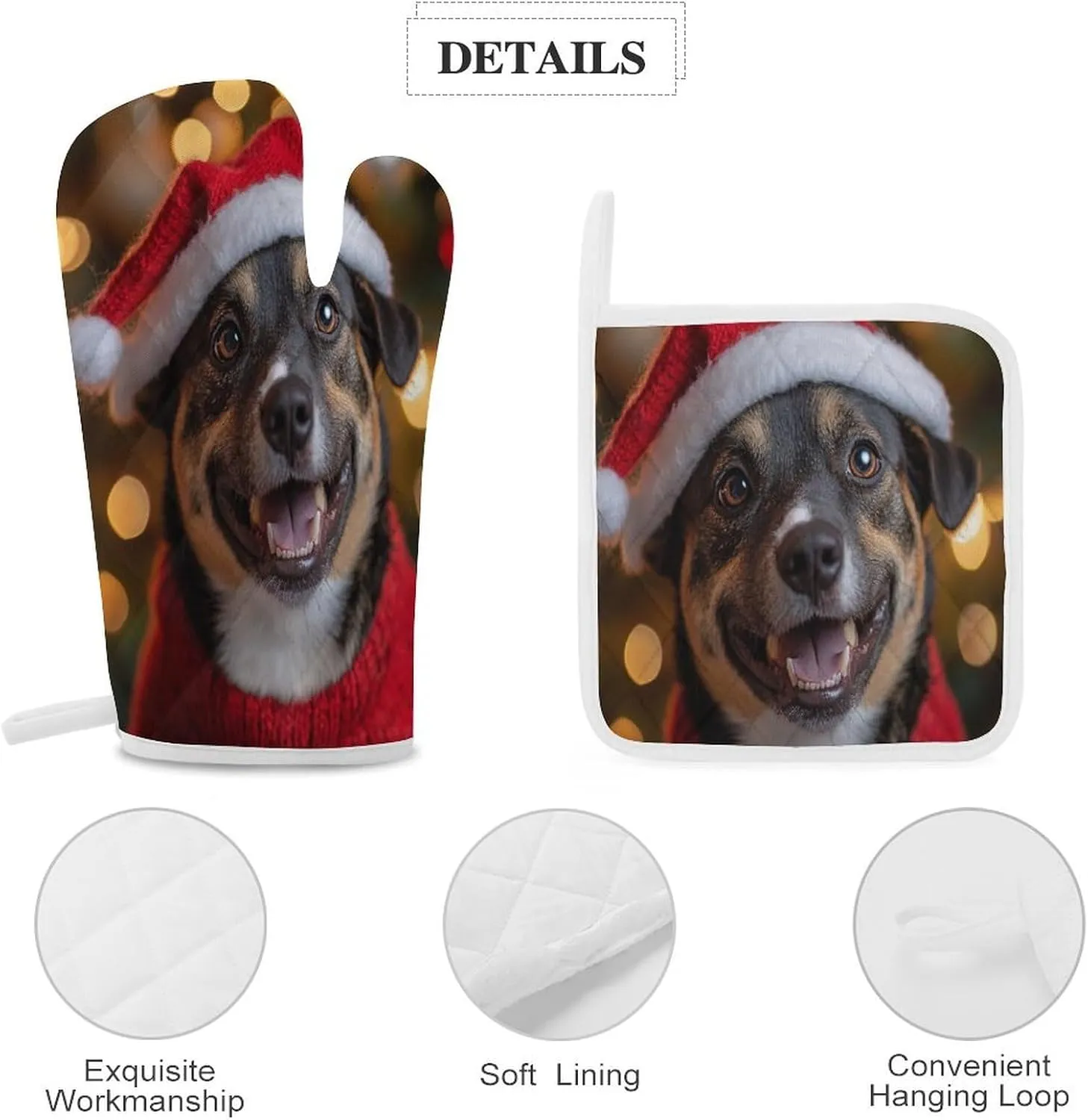 Dog Themed Oven Glove&Potholders Happy Holidays Billy Dog Oven Mitts and Pot Holders Resistant Hot Pads with Polyester Non-Slip BBQ Gloves for Kitchen Cooking Baking Grilling
