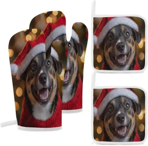 Dog Themed Oven Glove&Potholders Happy Holidays Billy Dog Oven Mitts and Pot Holders Resistant Hot Pads with Polyester Non-Slip BBQ Gloves for Kitchen Cooking Baking Grilling