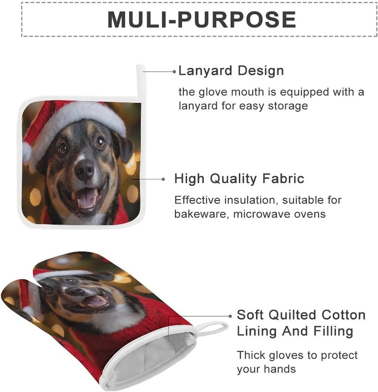 Dog Themed Oven Glove&Potholders Happy Holidays Billy Dog Oven Mitts and Pot Holders Resistant Hot Pads with Polyester Non-Slip BBQ Gloves for Kitchen Cooking Baking Grilling