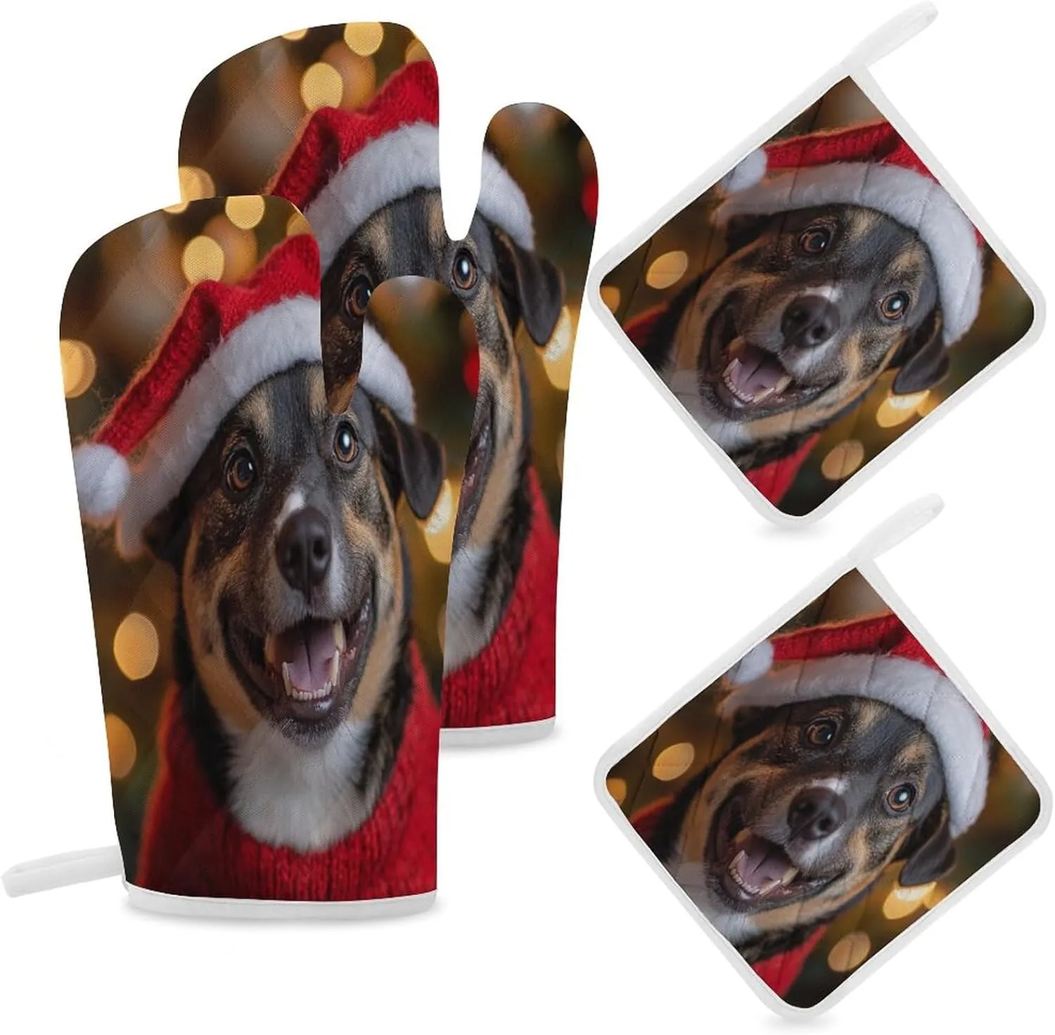 Dog Themed Oven Glove&Potholders Happy Holidays Billy Dog Oven Mitts and Pot Holders Resistant Hot Pads with Polyester Non-Slip BBQ Gloves for Kitchen Cooking Baking Grilling