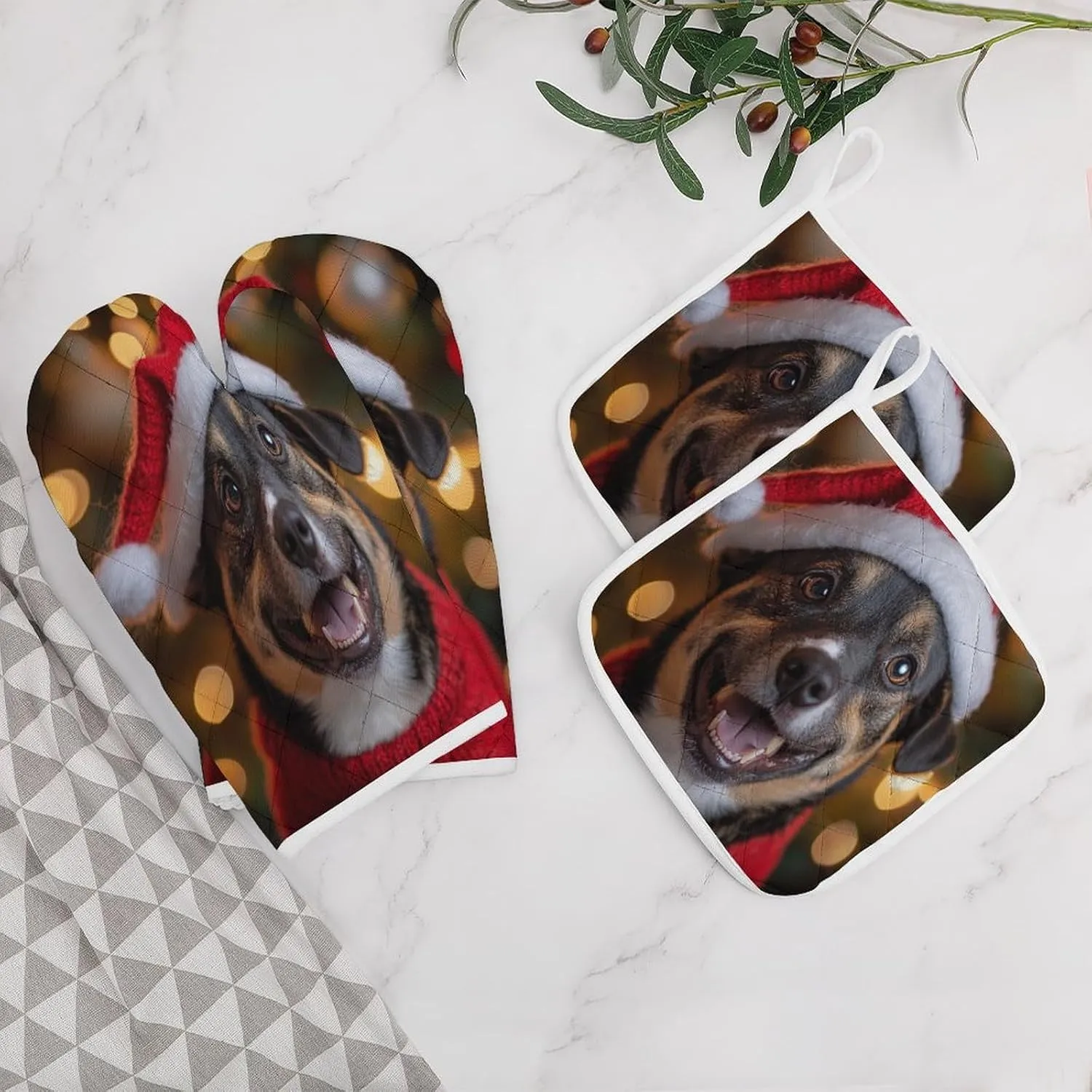 Dog Themed Oven Glove&Potholders Happy Holidays Billy Dog Oven Mitts and Pot Holders Resistant Hot Pads with Polyester Non-Slip BBQ Gloves for Kitchen Cooking Baking Grilling