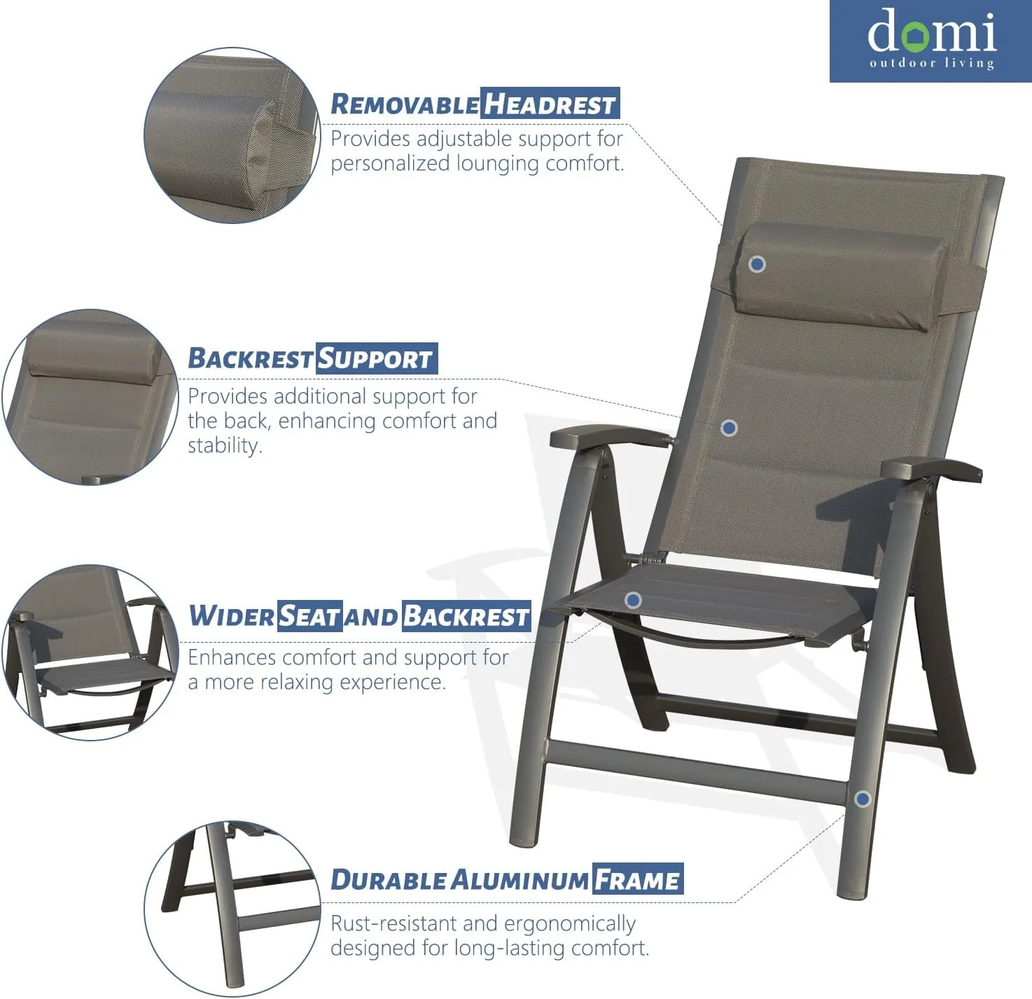 Domi Patio Outdoor Sling Chairs Set of 2 with Moveable Headrest, Folding Chairs Outdoor Reclining Camping Chairs with Armrest Adjustable High Backrest and Padded Textilene Fabric Seat