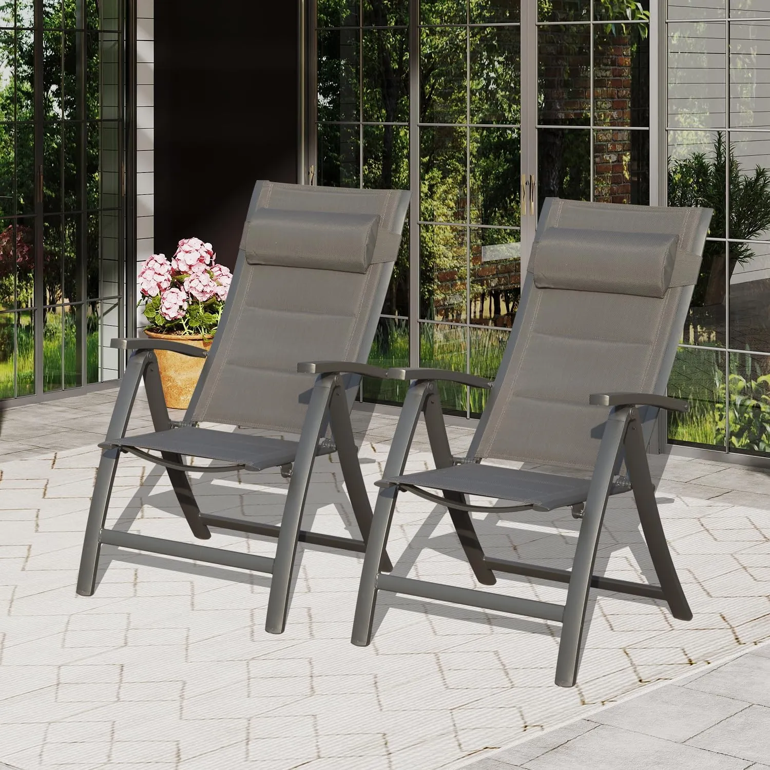Domi Patio Outdoor Sling Chairs Set of 2 with Moveable Headrest, Folding Chairs Outdoor Reclining Camping Chairs with Armrest Adjustable High Backrest and Padded Textilene Fabric Seat