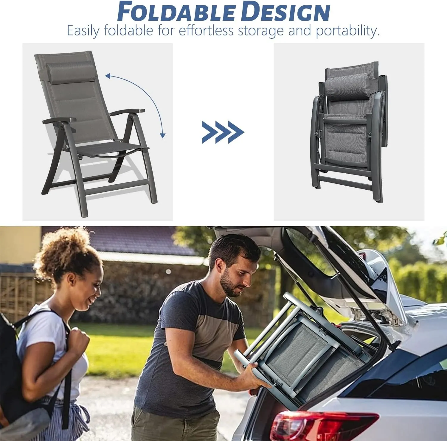 Domi Patio Outdoor Sling Chairs Set of 2 with Moveable Headrest, Folding Chairs Outdoor Reclining Camping Chairs with Armrest Adjustable High Backrest and Padded Textilene Fabric Seat