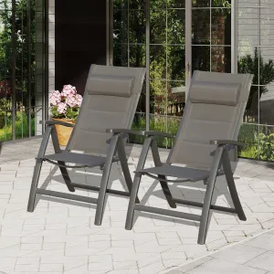 Domi Patio Outdoor Sling Chairs Set of 2 with Moveable Headrest, Folding Chairs Outdoor Reclining Camping Chairs with Armrest Adjustable High Backrest and Padded Textilene Fabric Seat