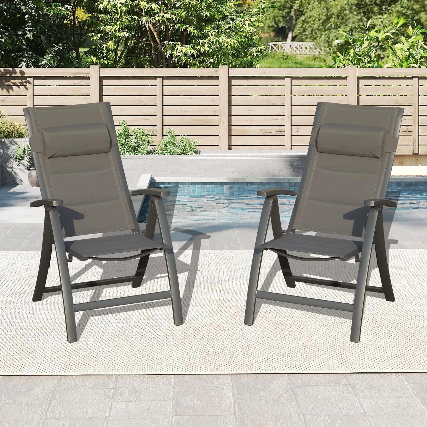Domi Patio Outdoor Sling Chairs Set of 2 with Moveable Headrest, Folding Chairs Outdoor Reclining Camping Chairs with Armrest Adjustable High Backrest and Padded Textilene Fabric Seat