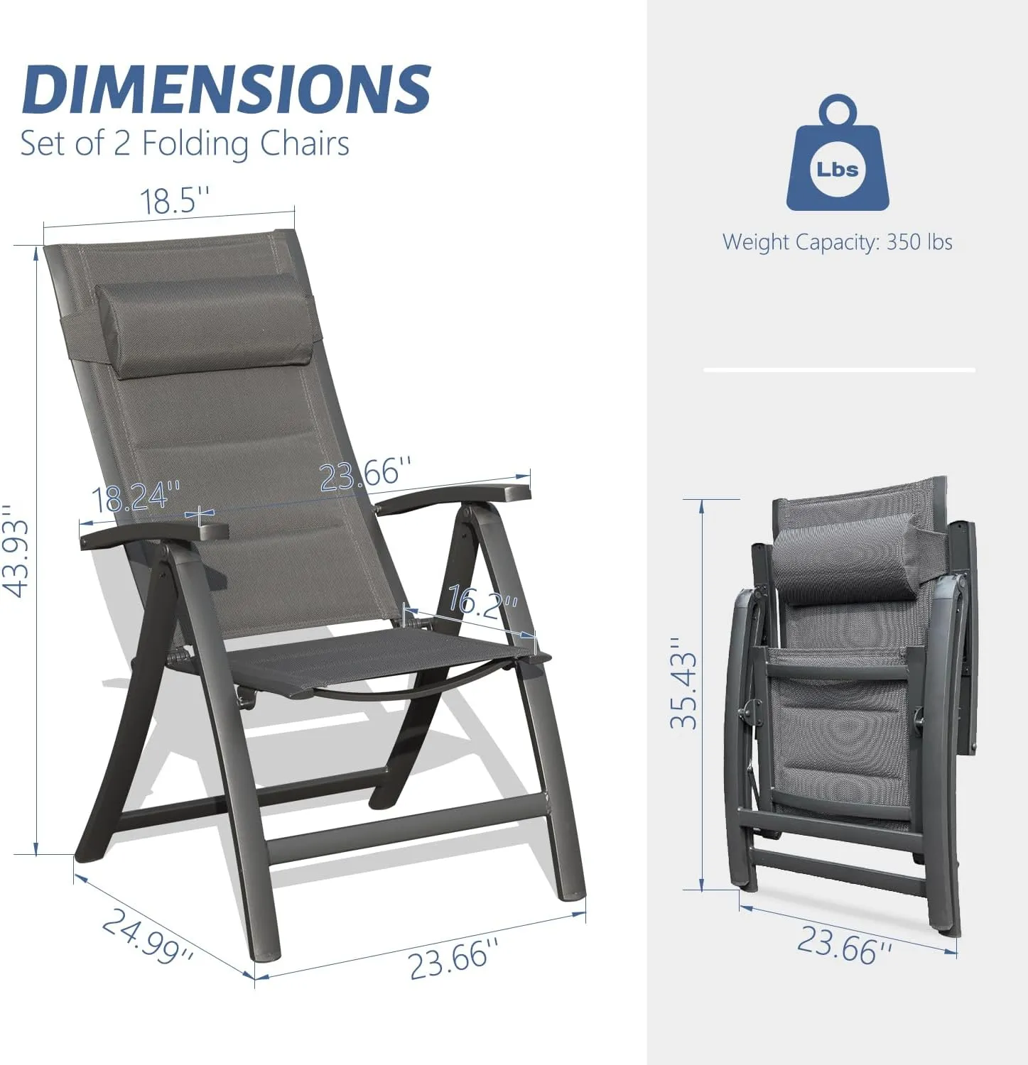 Domi Patio Outdoor Sling Chairs Set of 2 with Moveable Headrest, Folding Chairs Outdoor Reclining Camping Chairs with Armrest Adjustable High Backrest and Padded Textilene Fabric Seat