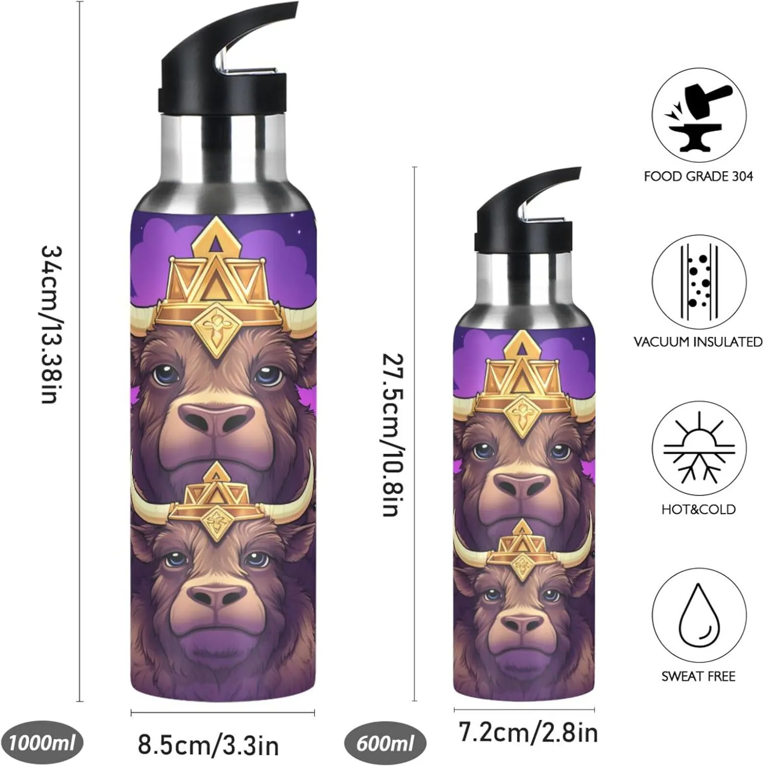 Doodle Art Cute Bison Sport Water Bottle Insulated Stainless Steel Large Vacuum Flask Leak Proof Thermos with Straw for Travel(600ml/1000ml)