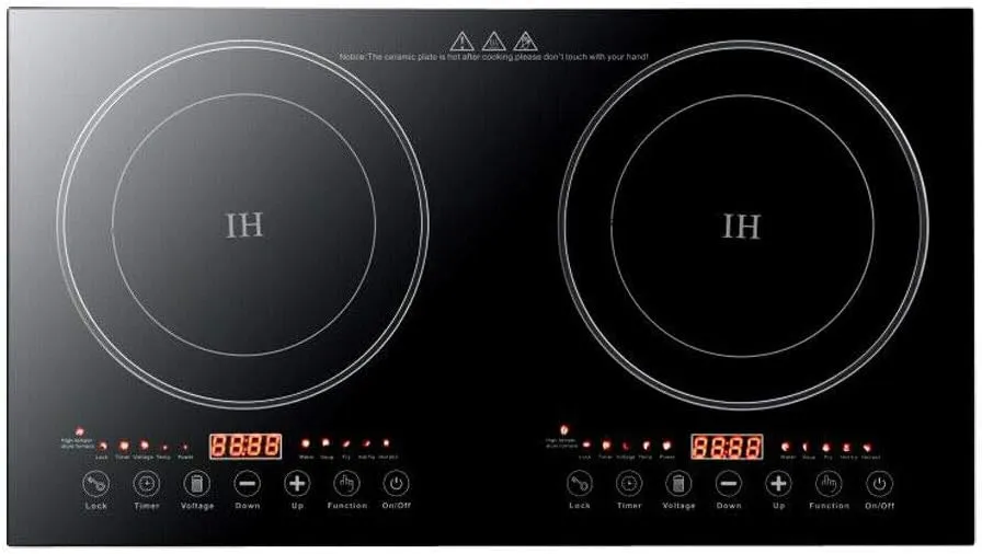 Double Induction Cooker, 1200W 2 Burner Induction Cooker Cooktop, Electromagnetic Oven High Temperature Resistance Double Burner Countertop Cooktop 8 Gear Firepower Dual Induction Hot Plate