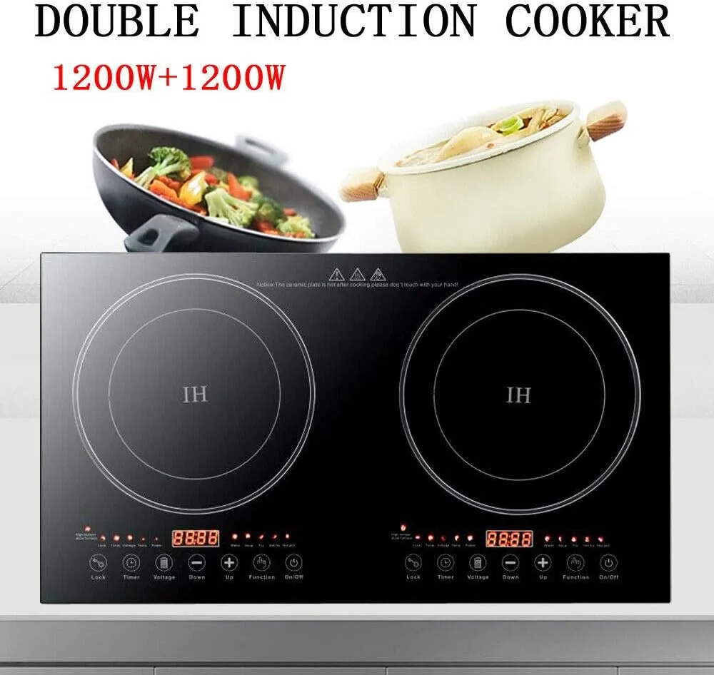 Double Induction Cooker, 1200W 2 Burner Induction Cooker Cooktop, Electromagnetic Oven High Temperature Resistance Double Burner Countertop Cooktop 8 Gear Firepower Dual Induction Hot Plate