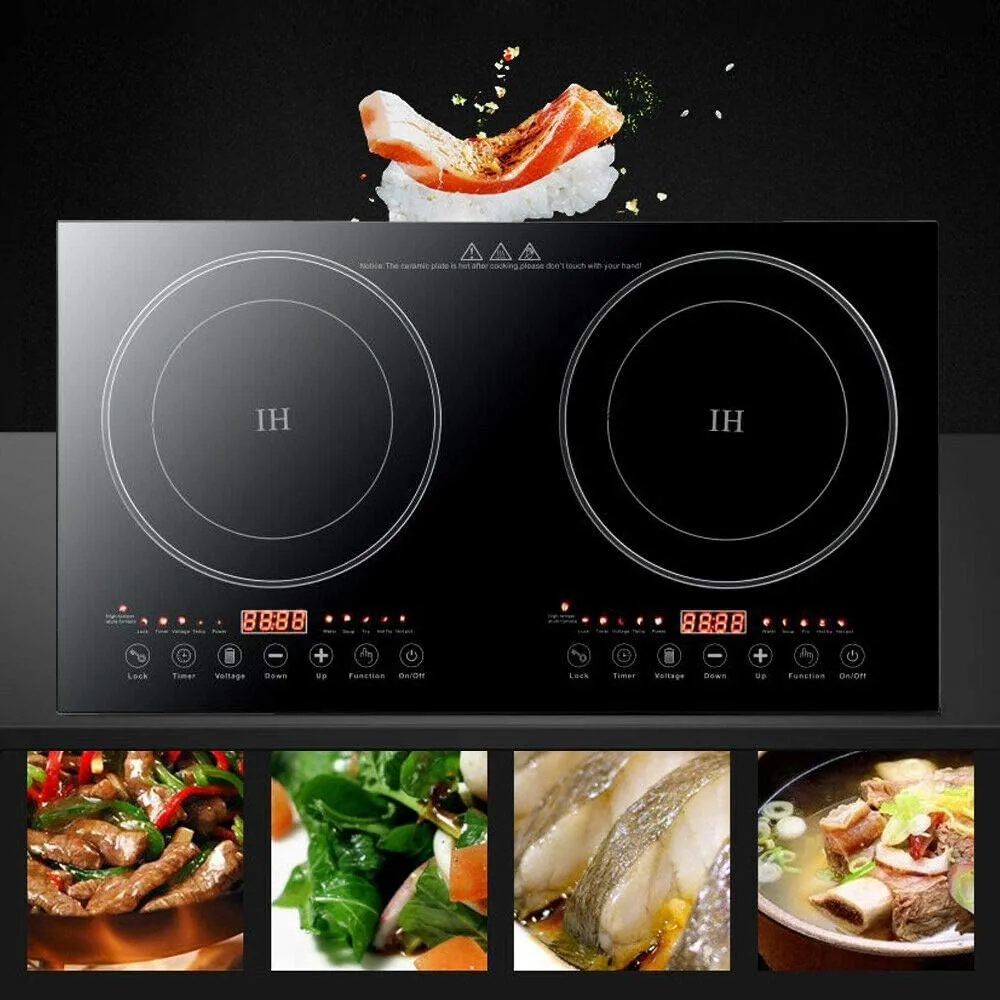 Double Induction Cooker, 1200W 2 Burner Induction Cooker Cooktop, Electromagnetic Oven High Temperature Resistance Double Burner Countertop Cooktop 8 Gear Firepower Dual Induction Hot Plate
