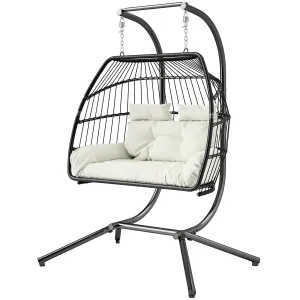 Double Wicker Egg Swing Chair with Stand, Foldable Hanging Egg Chair with UV Resistant Cushion, Headrest, Cream White