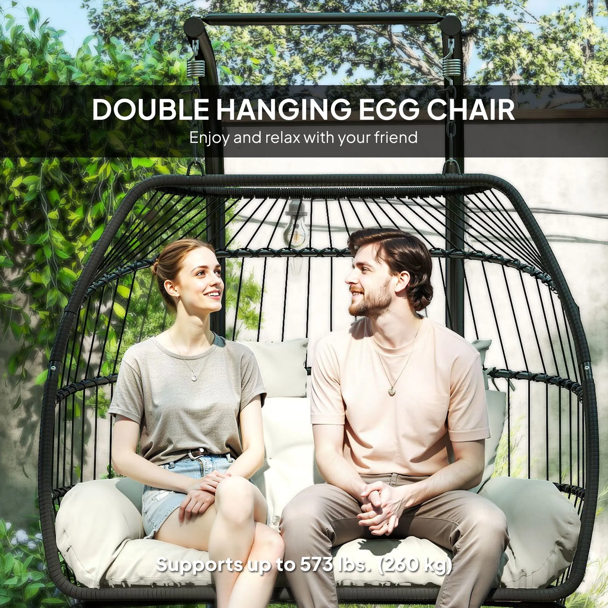 Double Wicker Egg Swing Chair with Stand, Foldable Hanging Egg Chair with UV Resistant Cushion, Headrest, Cream White